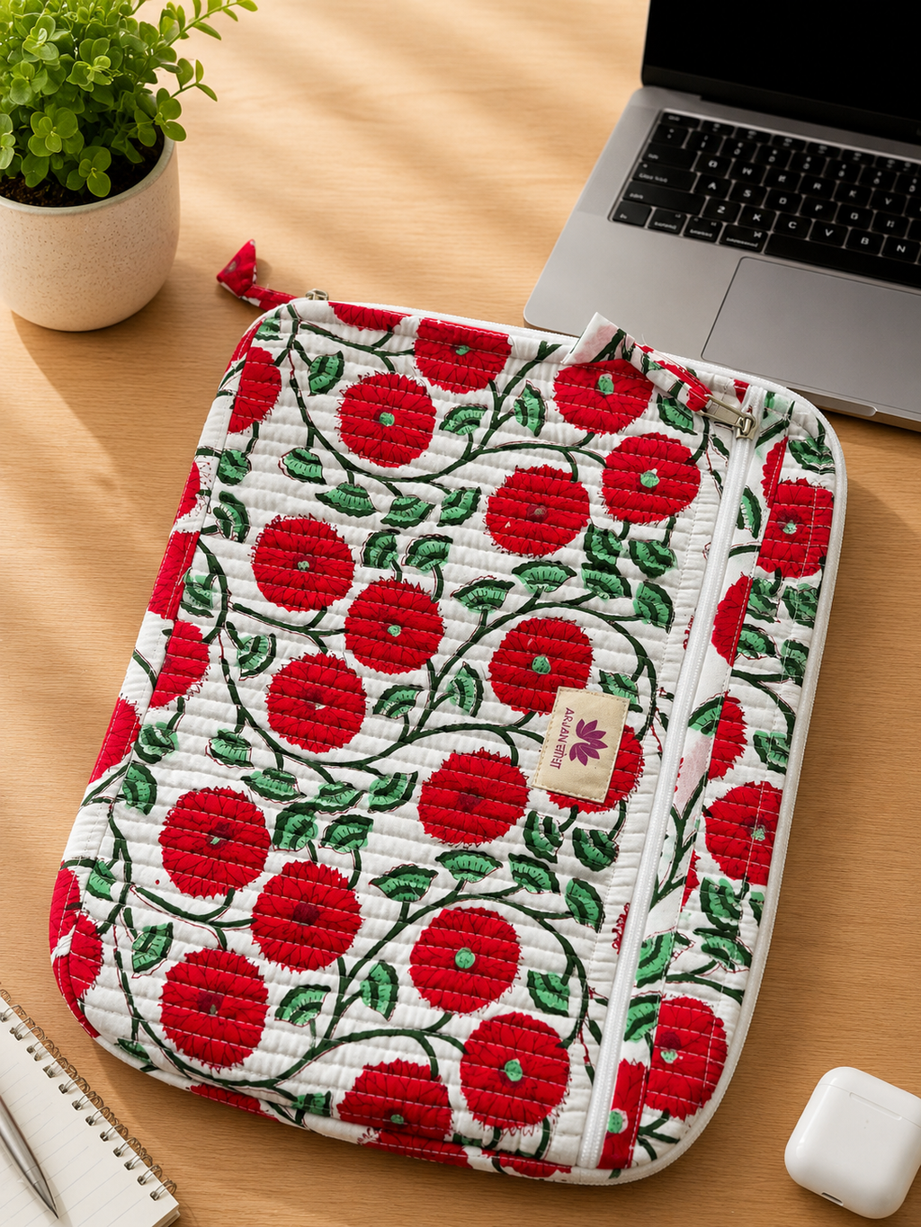 Red Blossom Handcrafted Quilted Laptop Sleeve