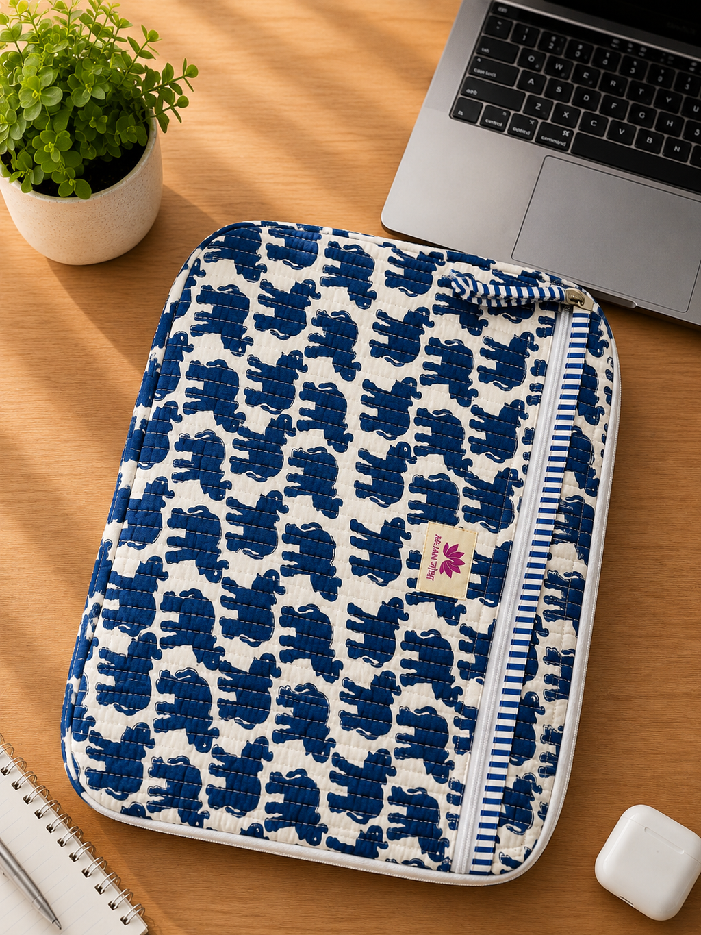 Blue Elephant Quilted Cotton Laptop Sleeve