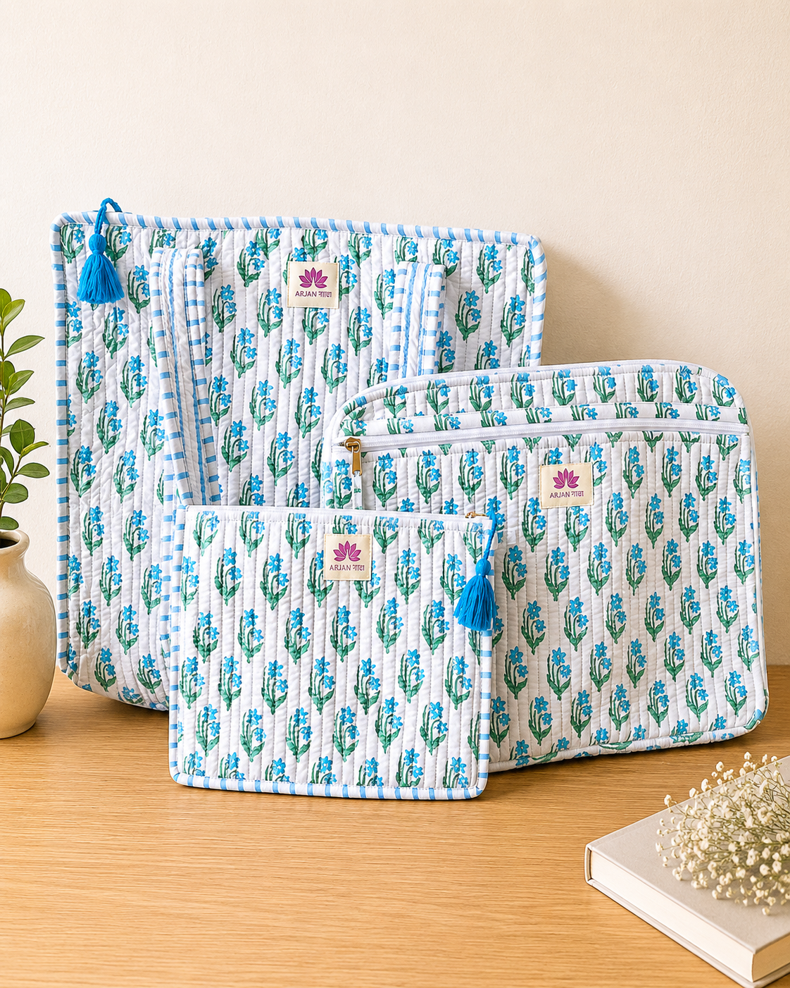 Premium Hand Block Printed Cotton Quilted Travel & Work Essentials Set