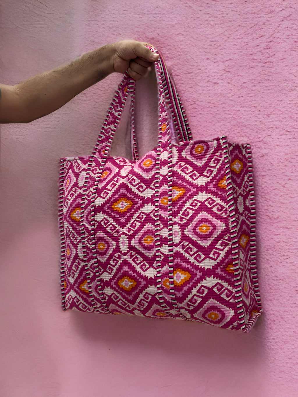 Magenta Ikat Hand Block Quilted Tote Bag