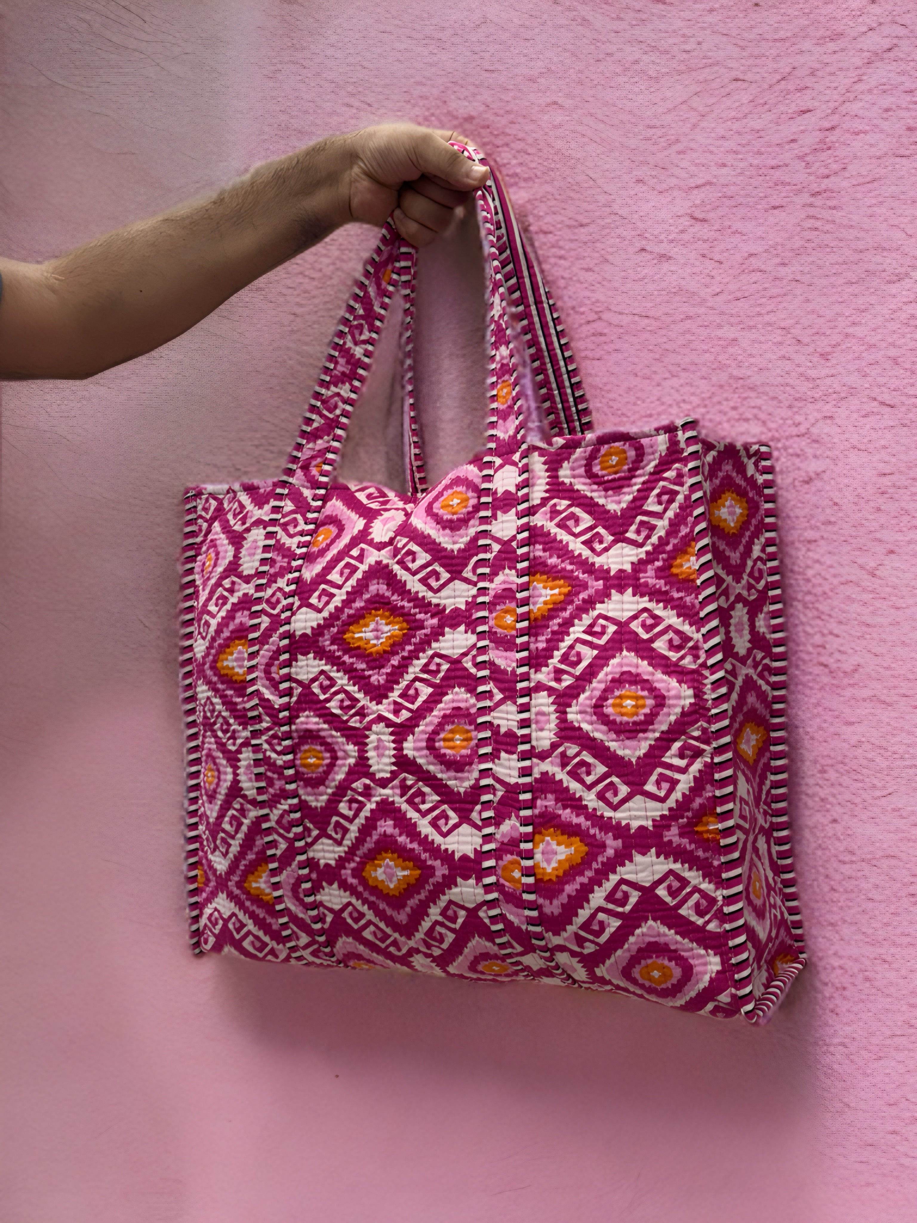 Magenta Ikat Hand Block Quilted Tote Bag