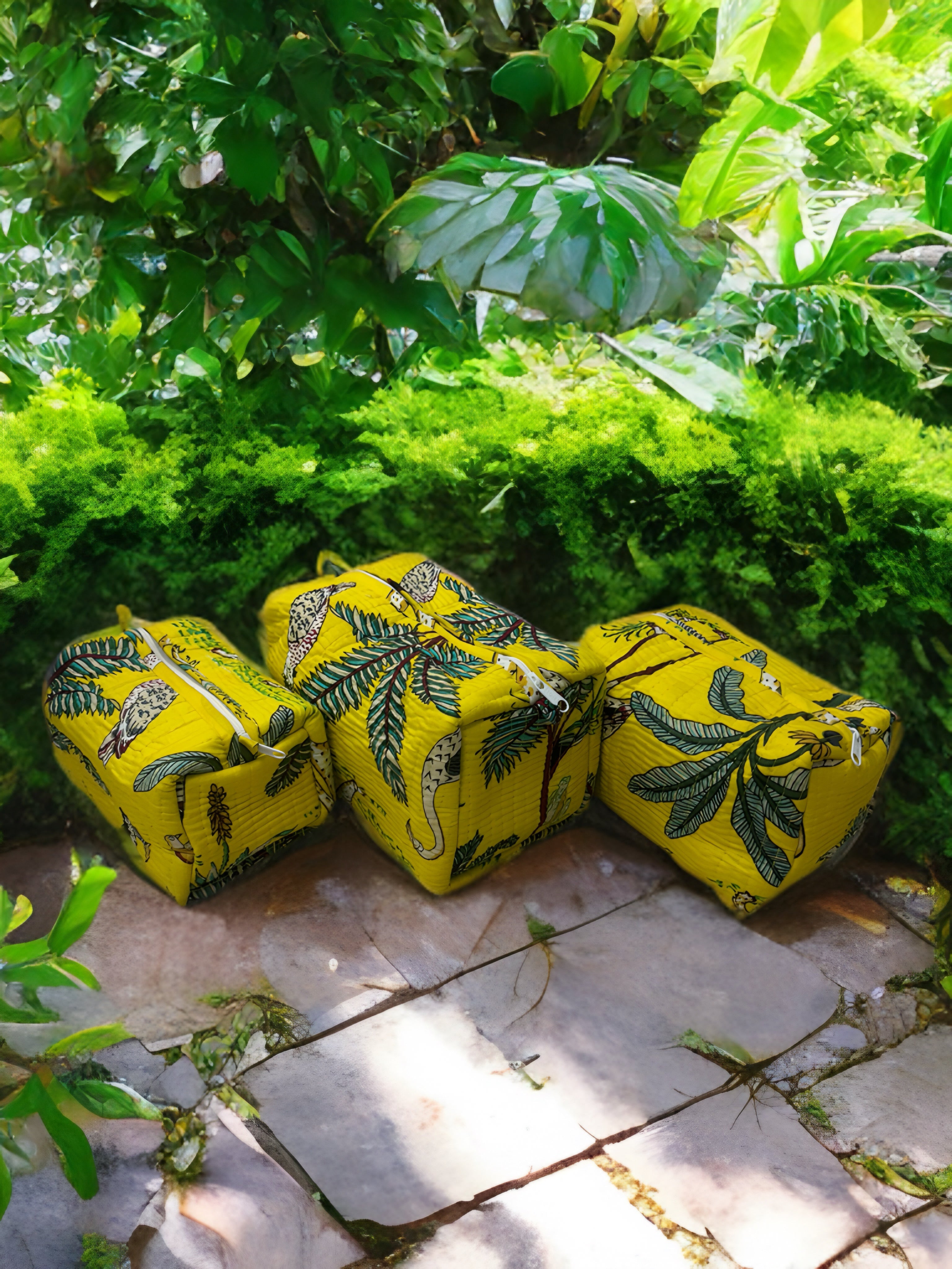 Yellow Tropical Jungle Print Quilted Travel Bag Set