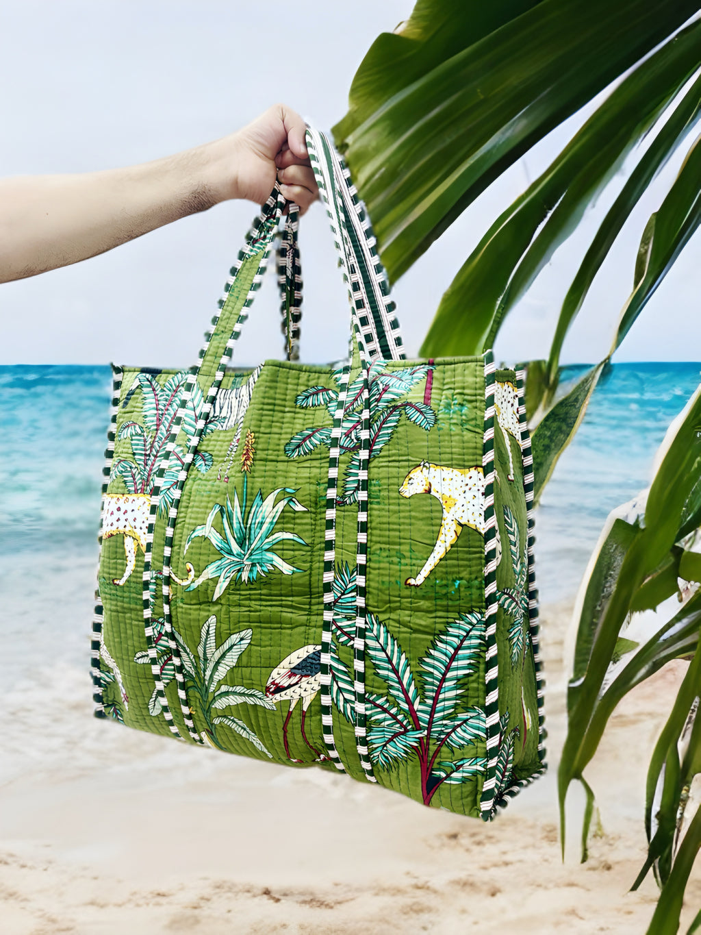 Green Jungle Print Quilted Tote Bag