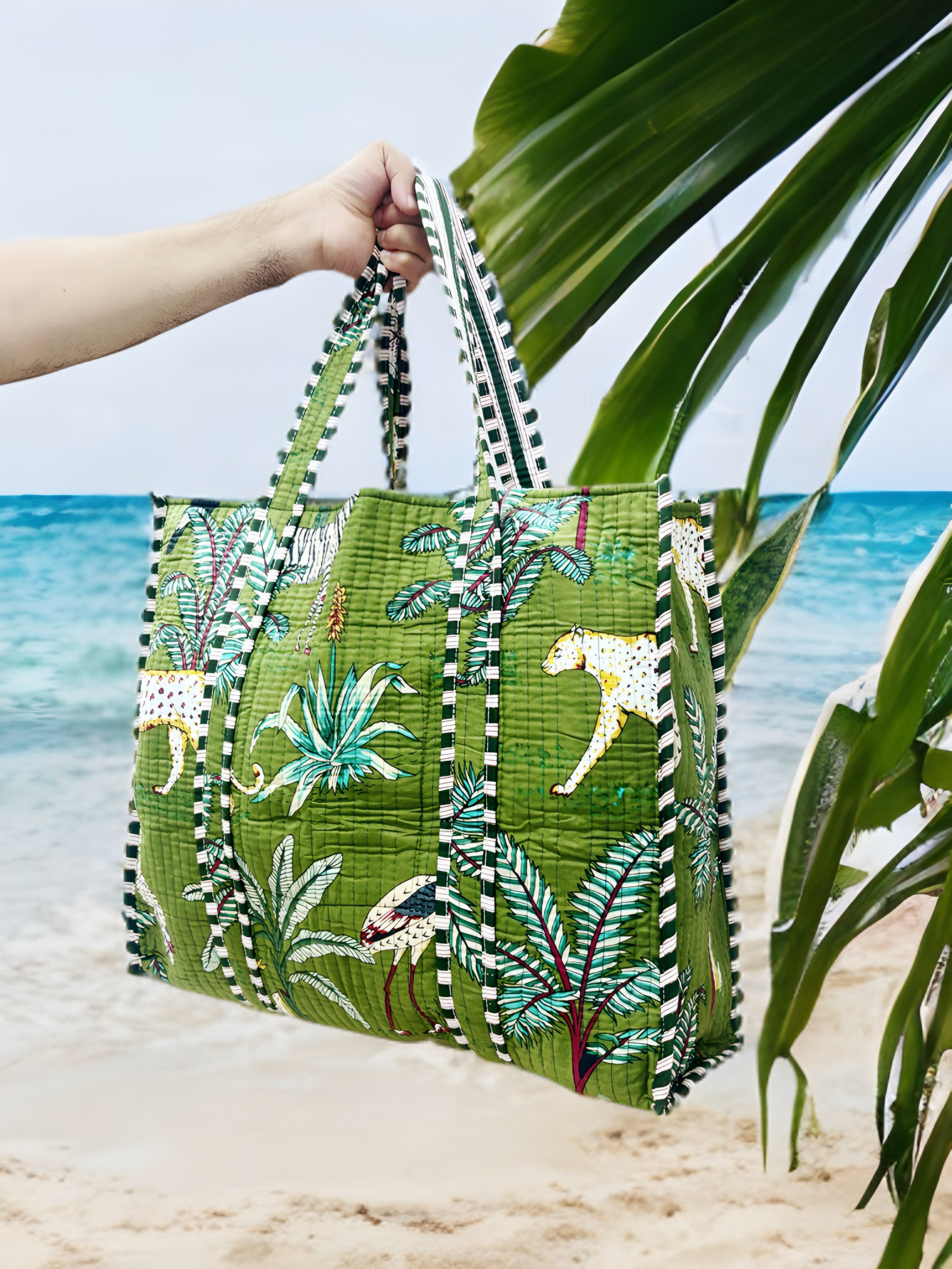 Green Jungle Print Quilted Tote Bag