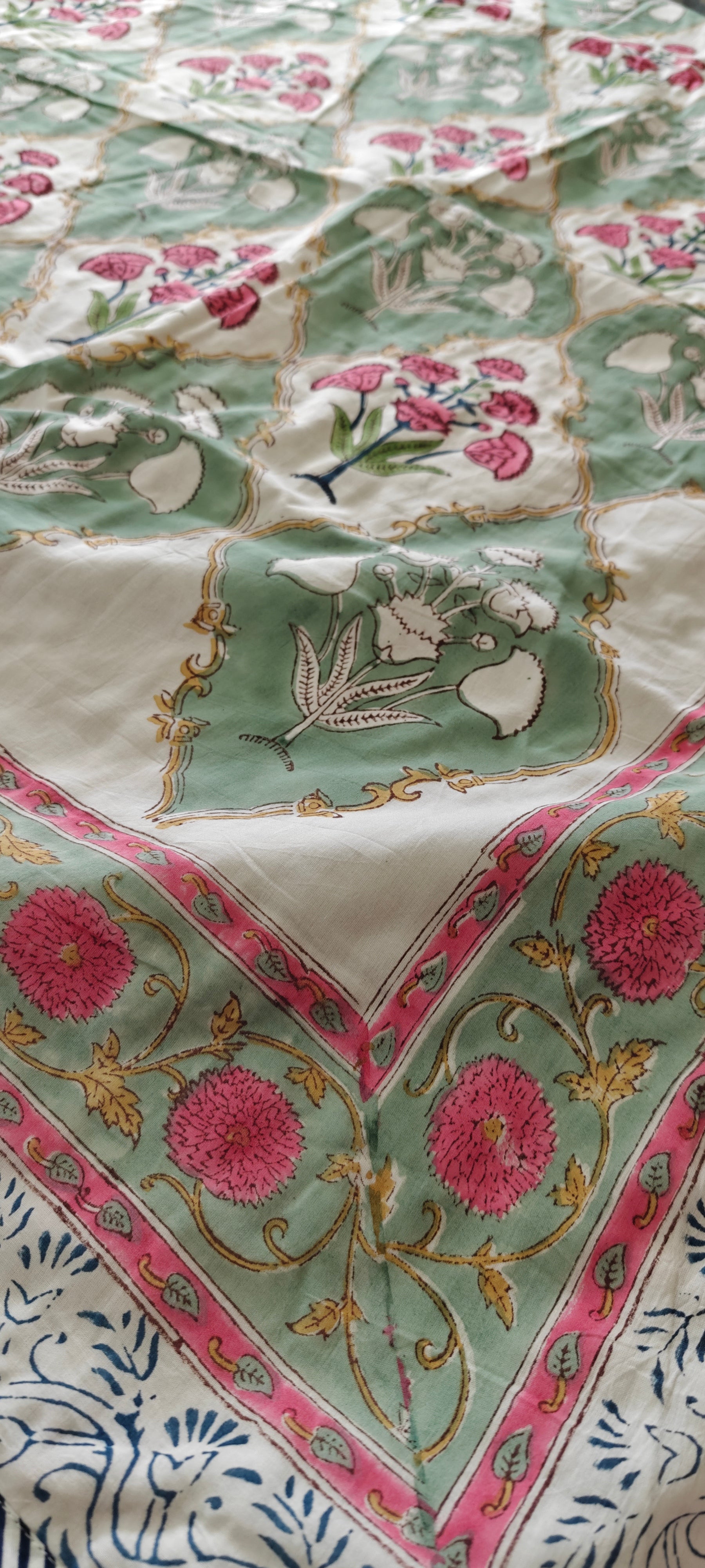 Red & Green Vine Hand Block Cotton Mulmul Reversible Dohar Double Bed