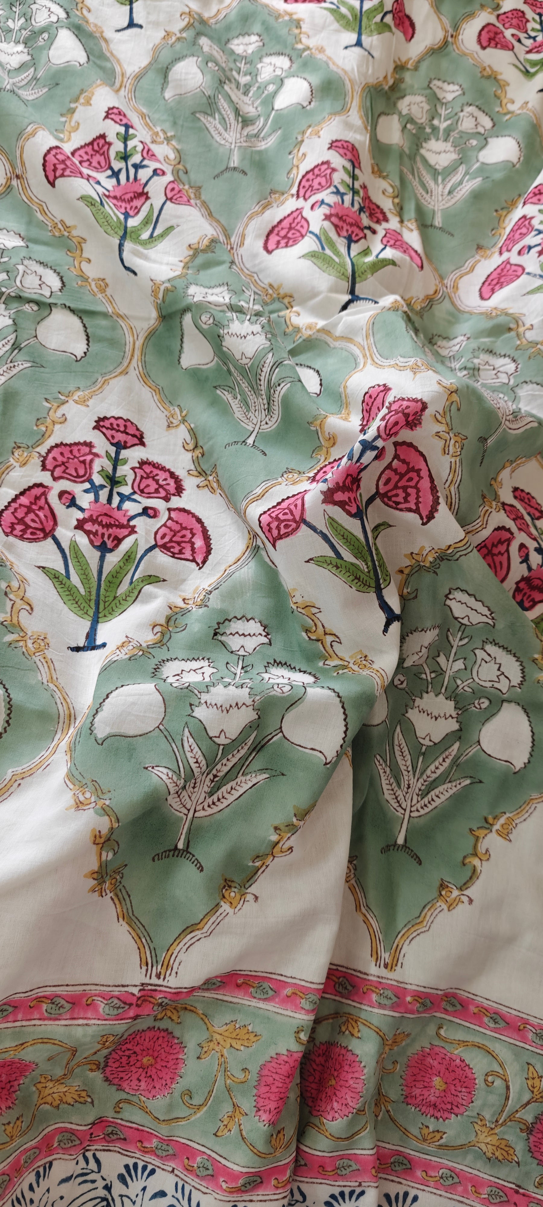 Red & Green Vine Hand Block Cotton Mulmul Reversible Dohar Double Bed