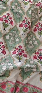 Red & Green Vine Hand Block Cotton Mulmul Reversible Dohar Double Bed