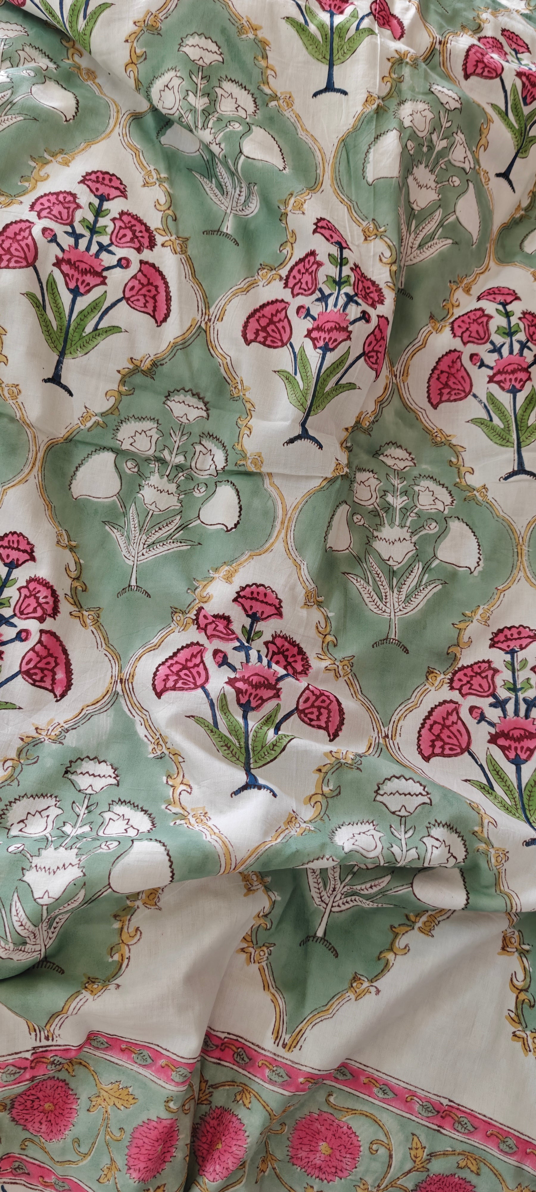 Red & Green Vine Hand Block Cotton Mulmul Reversible Dohar Double Bed