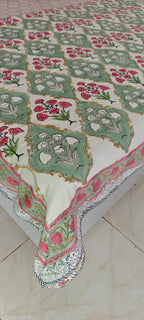 Red & Green Vine Hand Block Cotton Mulmul Reversible Dohar Double Bed