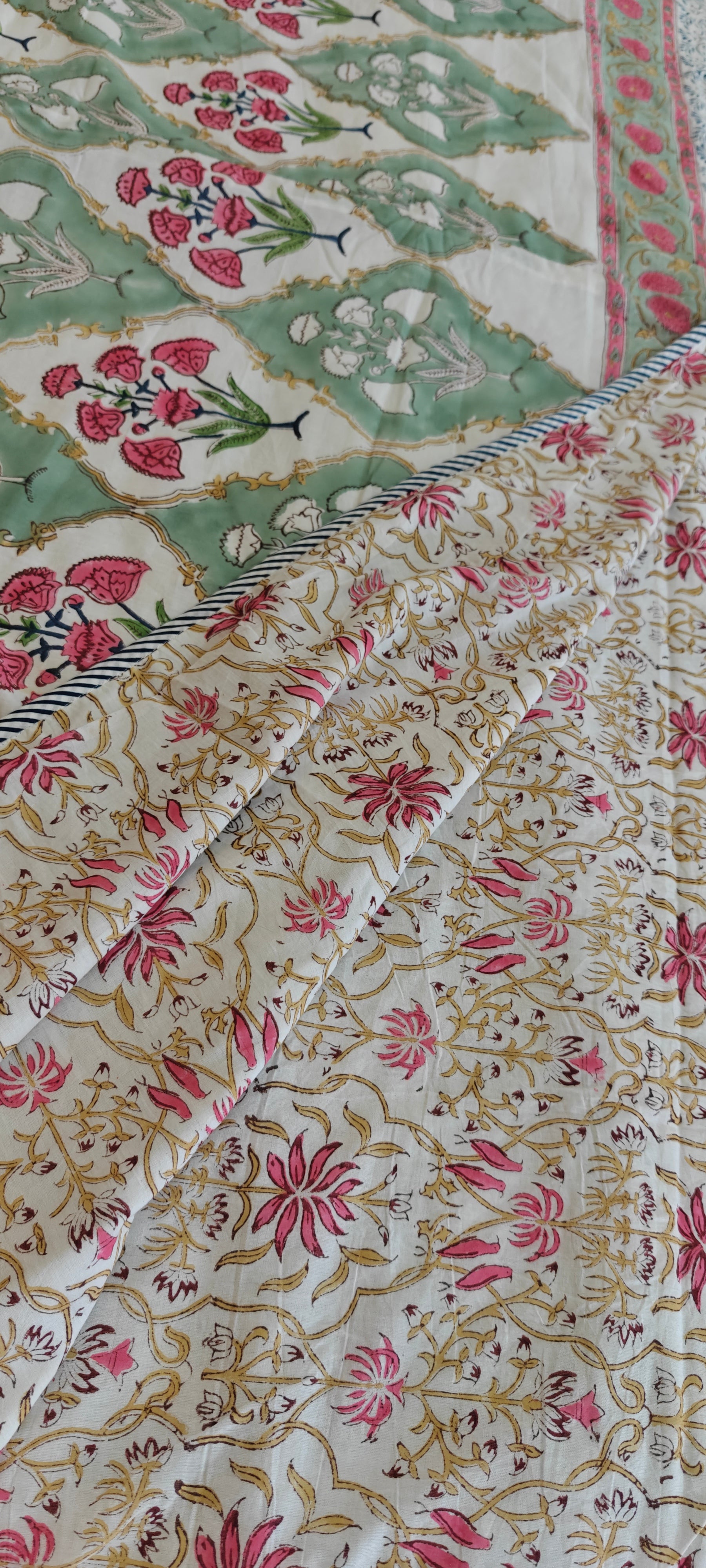 Red & Green Vine Hand Block Cotton Mulmul Reversible Dohar Double Bed