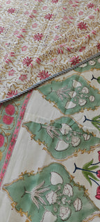 Red & Green Vine Hand Block Cotton Mulmul Reversible Dohar Double Bed