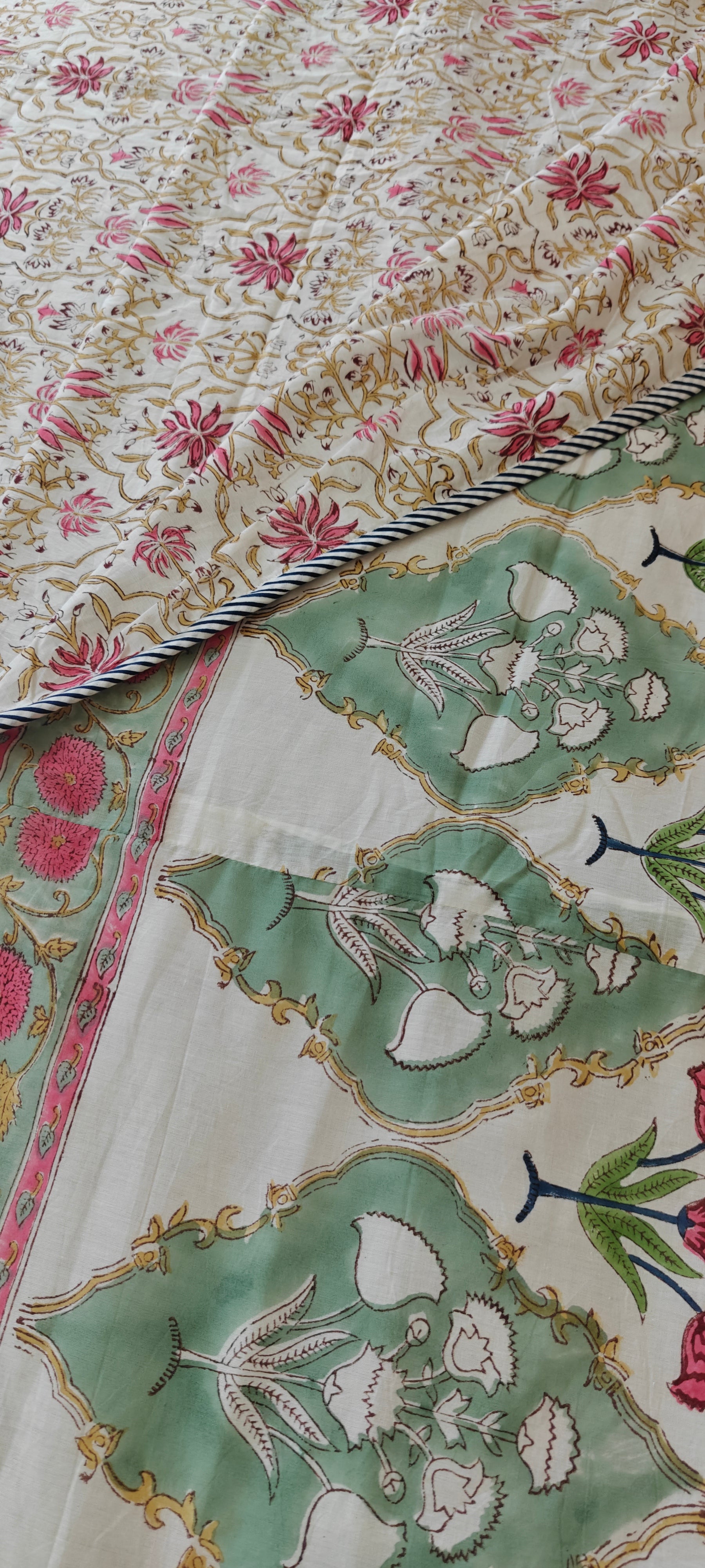 Red & Green Vine Hand Block Cotton Mulmul Reversible Dohar Double Bed
