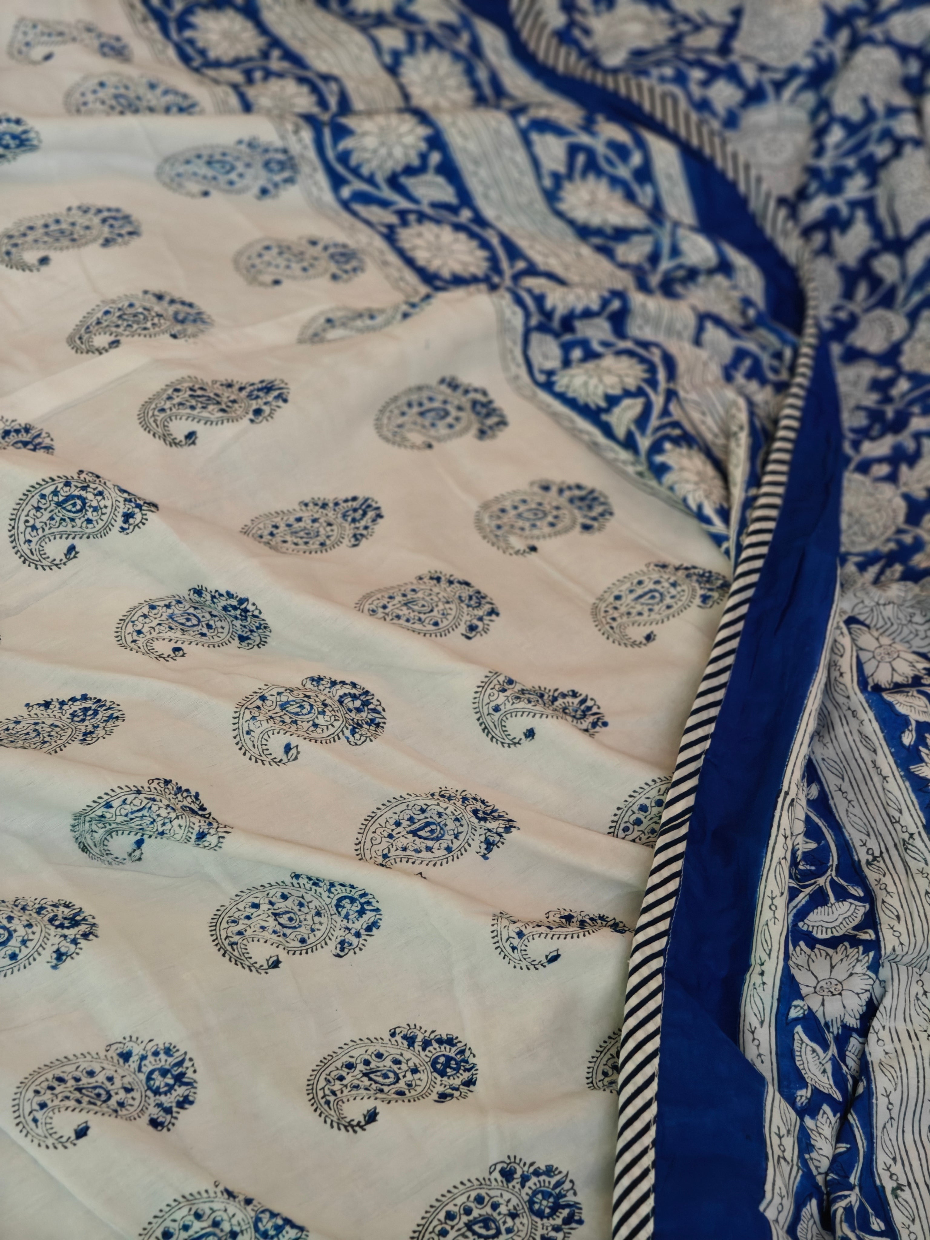 White & Indigo Paisley Floral Hand Block Cotton Mulmul Reversible Dohar Double Bed