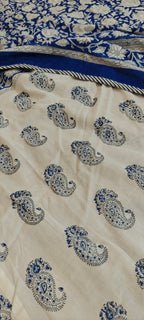 White & Indigo Paisley Floral Hand Block Cotton Mulmul Reversible Dohar Double Bed