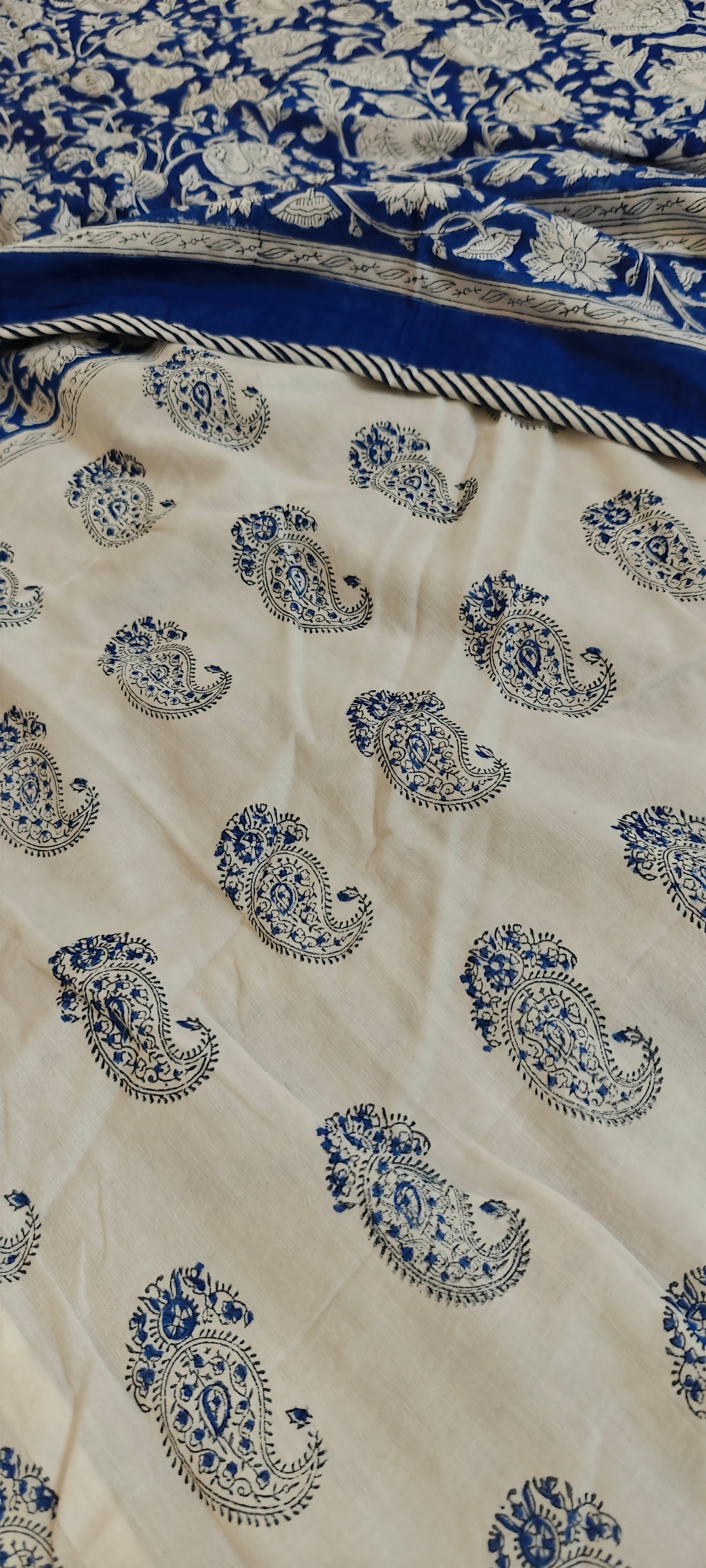 White & Indigo Paisley Floral Hand Block Cotton Mulmul Reversible Dohar Double Bed