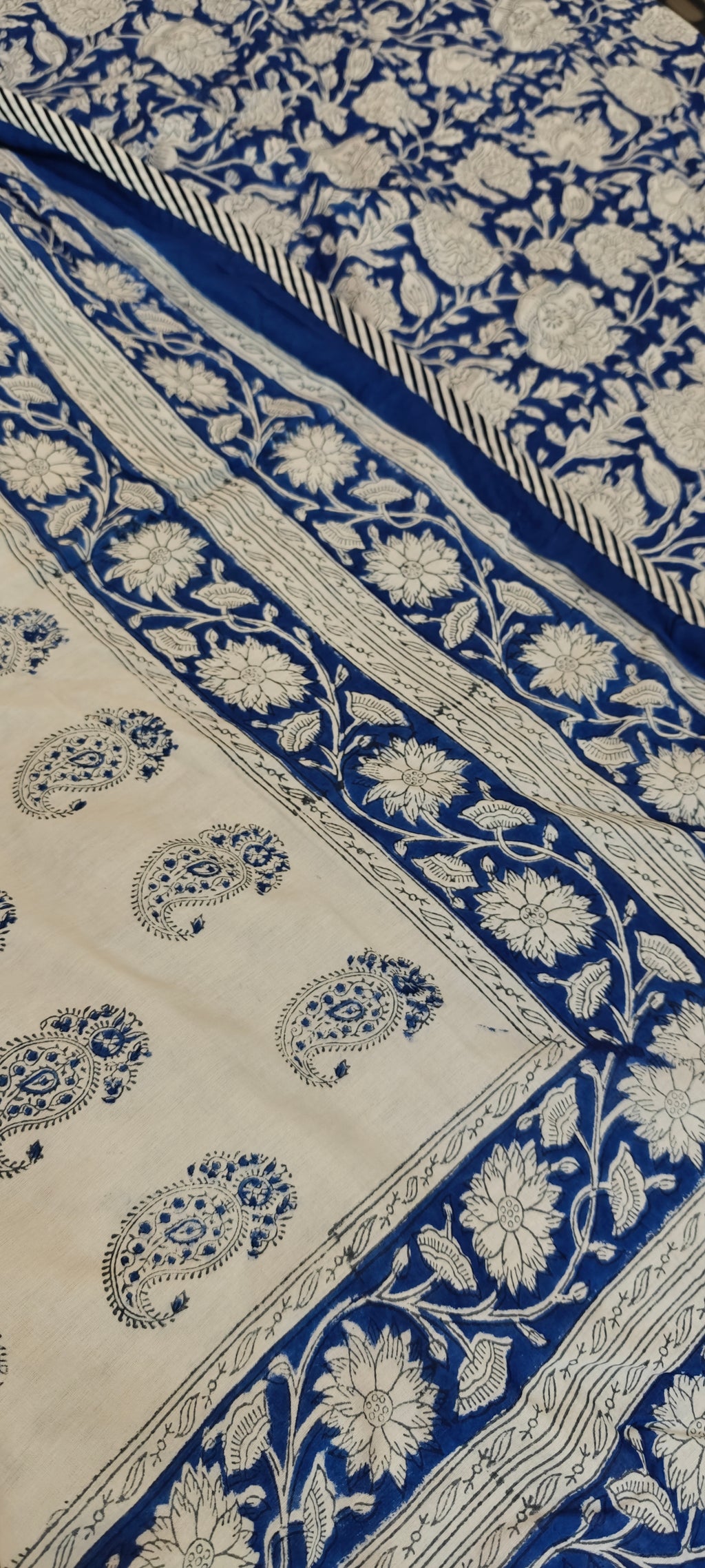 White & Indigo Paisley Floral Hand Block Cotton Mulmul Reversible Dohar Double Bed