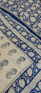 White & Indigo Paisley Floral Hand Block Cotton Mulmul Reversible Dohar Double Bed