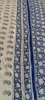 White & Indigo Paisley Floral Hand Block Cotton Mulmul Reversible Dohar Double Bed