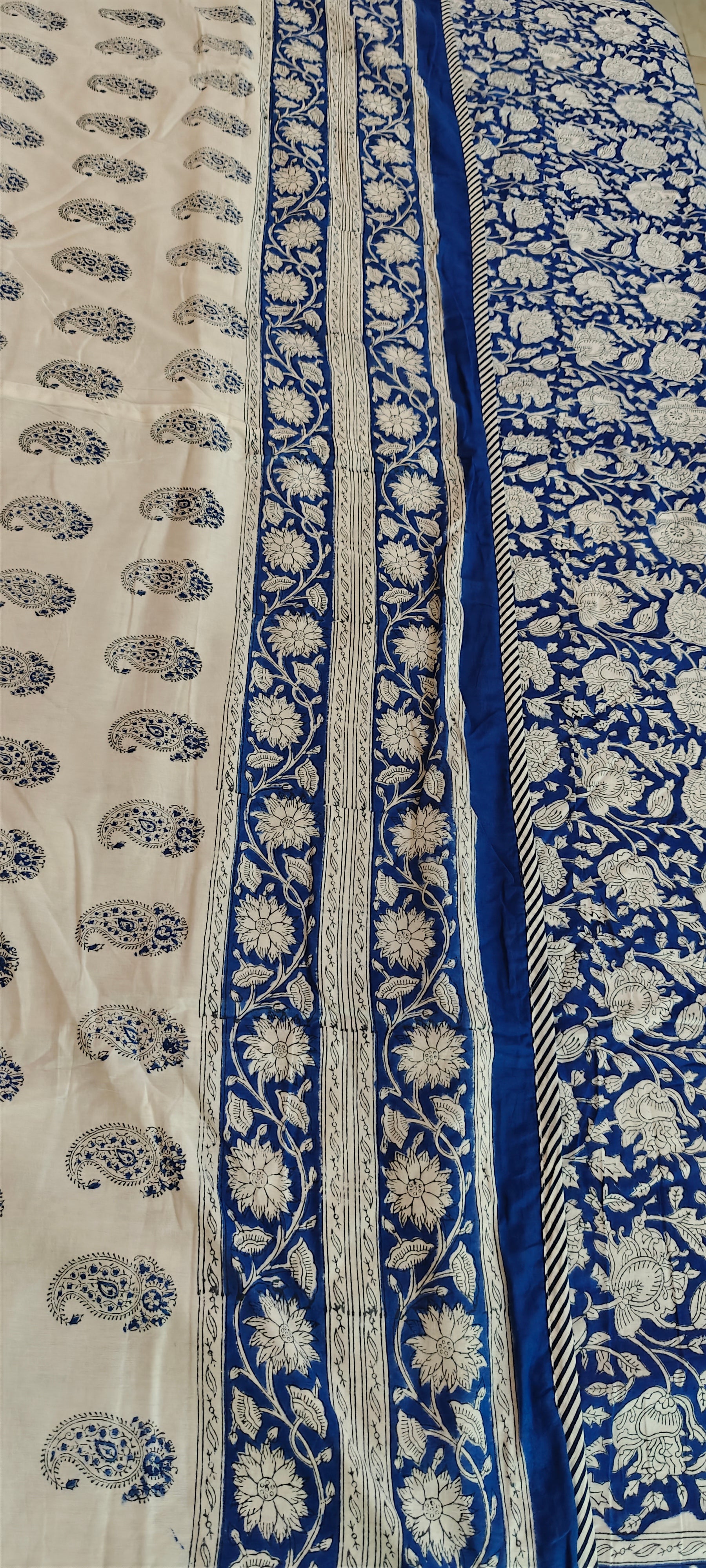 White & Indigo Paisley Floral Hand Block Cotton Mulmul Reversible Dohar Double Bed