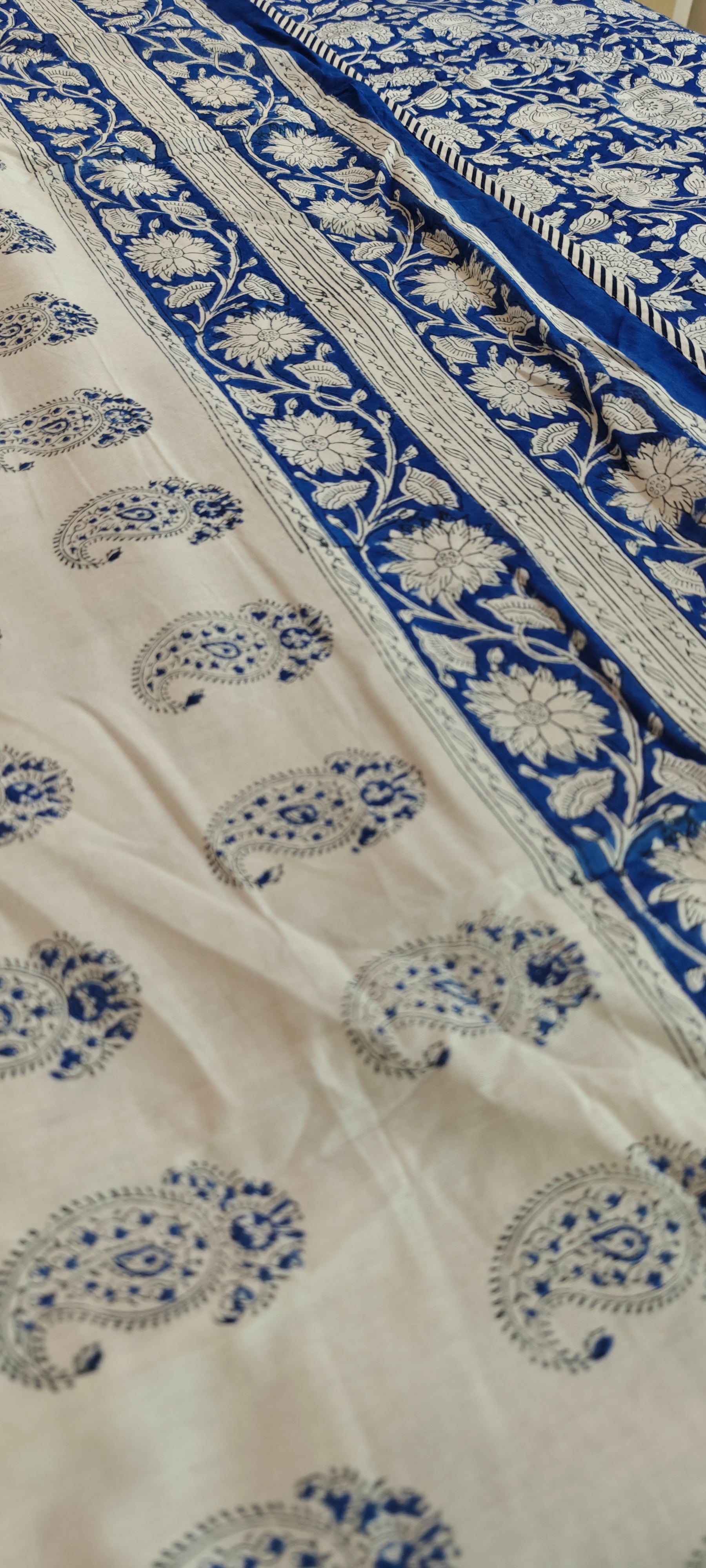 White & Indigo Paisley Floral Hand Block Cotton Mulmul Reversible Dohar Double Bed