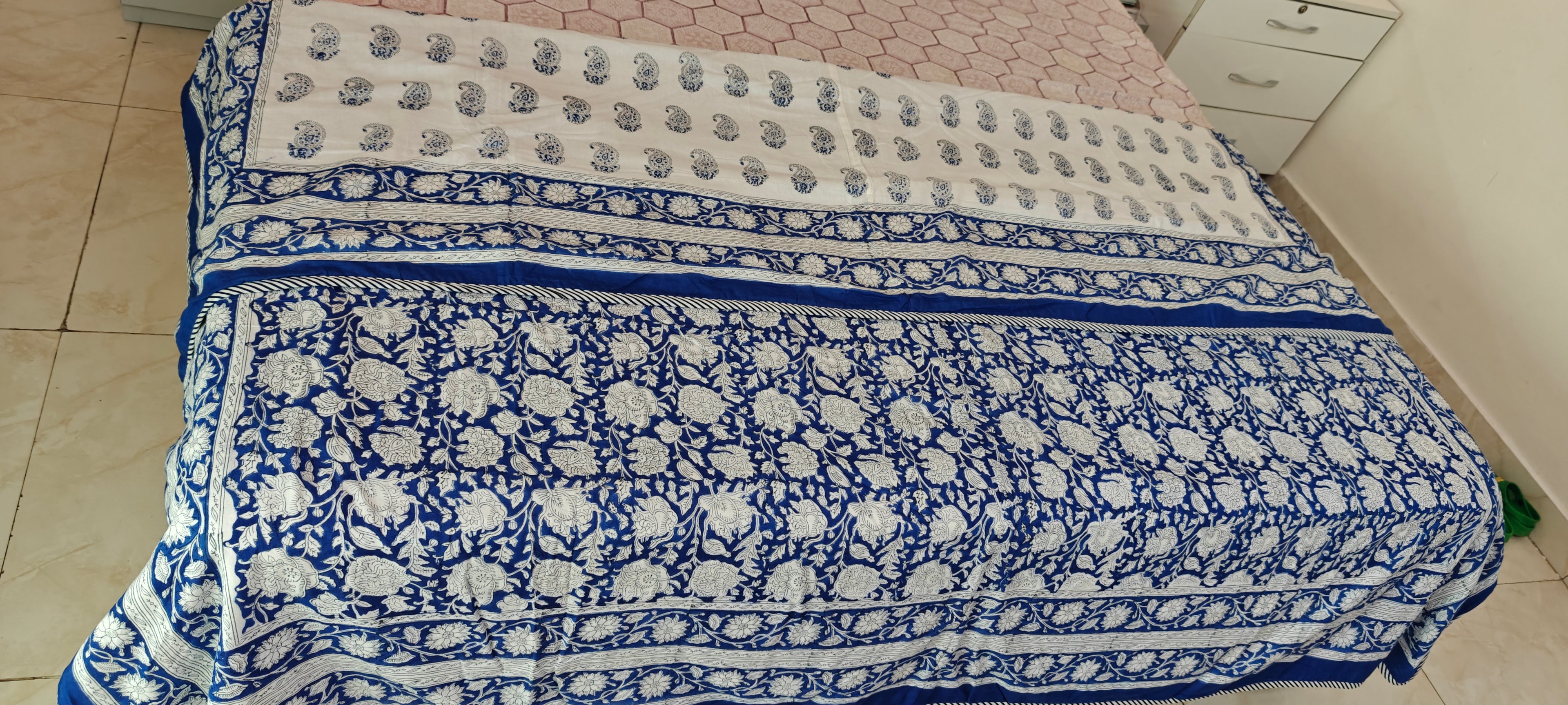 White & Indigo Paisley Floral Hand Block Cotton Mulmul Reversible Dohar Double Bed