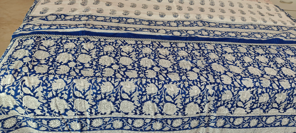 White & Indigo Paisley Floral Hand Block Cotton Mulmul Reversible Dohar Double Bed