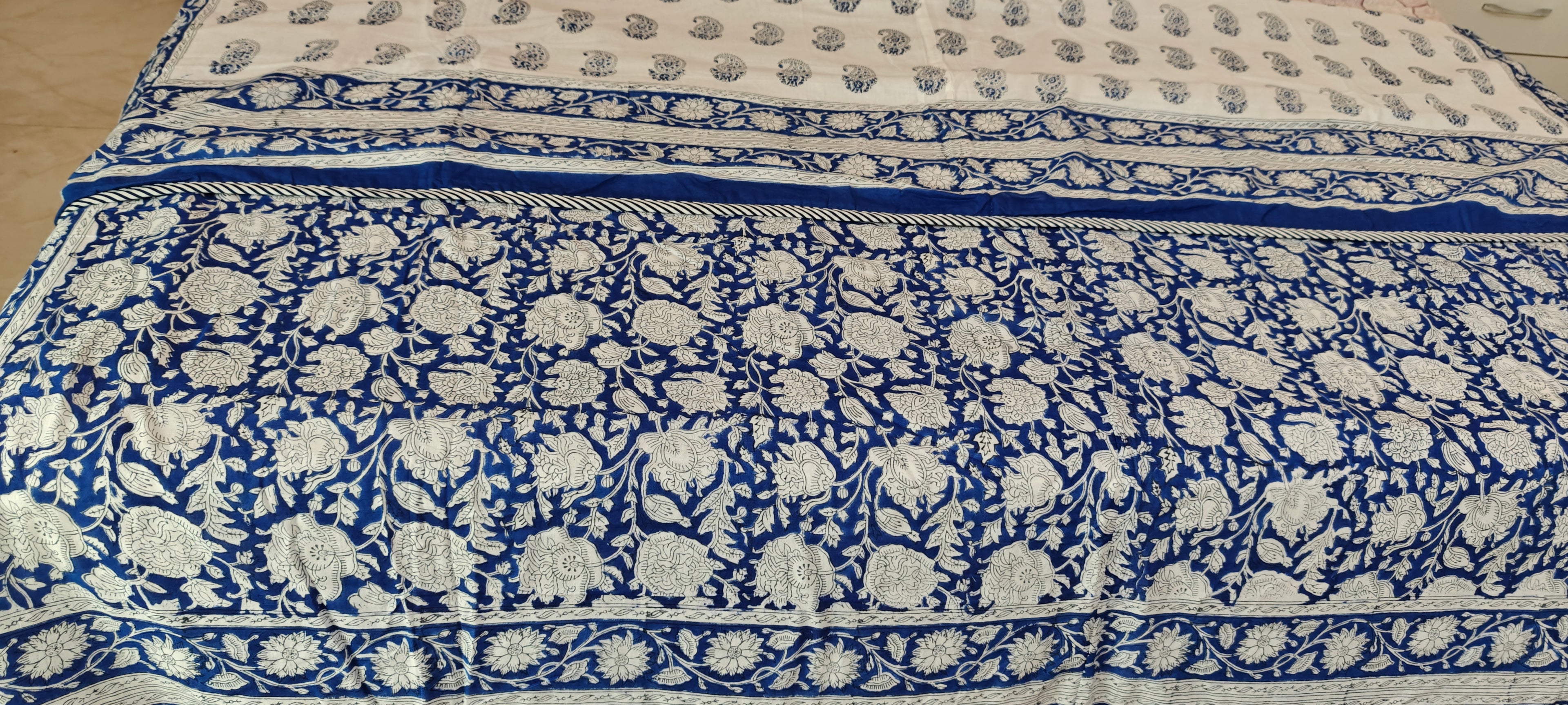 White & Indigo Paisley Floral Hand Block Cotton Mulmul Reversible Dohar Double Bed