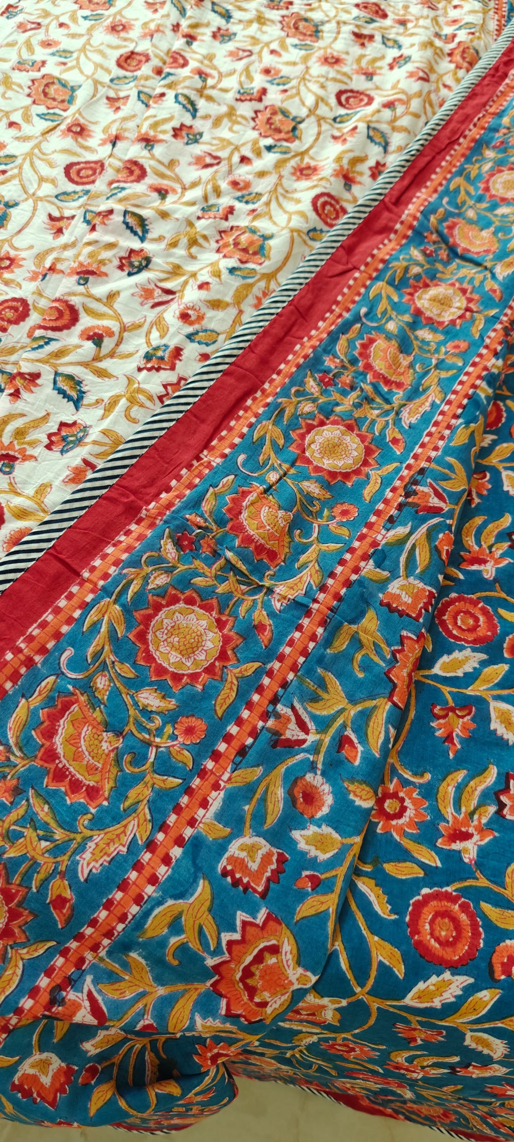 Pink Vine & Mint Green Floral Hand Block Cotton Mulmul Reversible Dohar