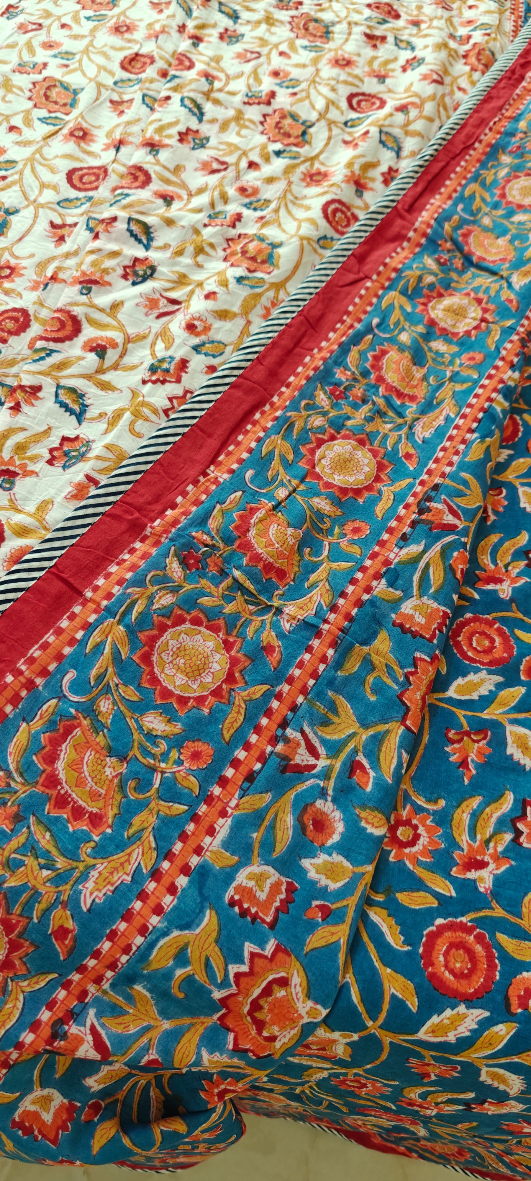 Pink Vine & Mint Green Floral Hand Block Cotton Mulmul Reversible Dohar