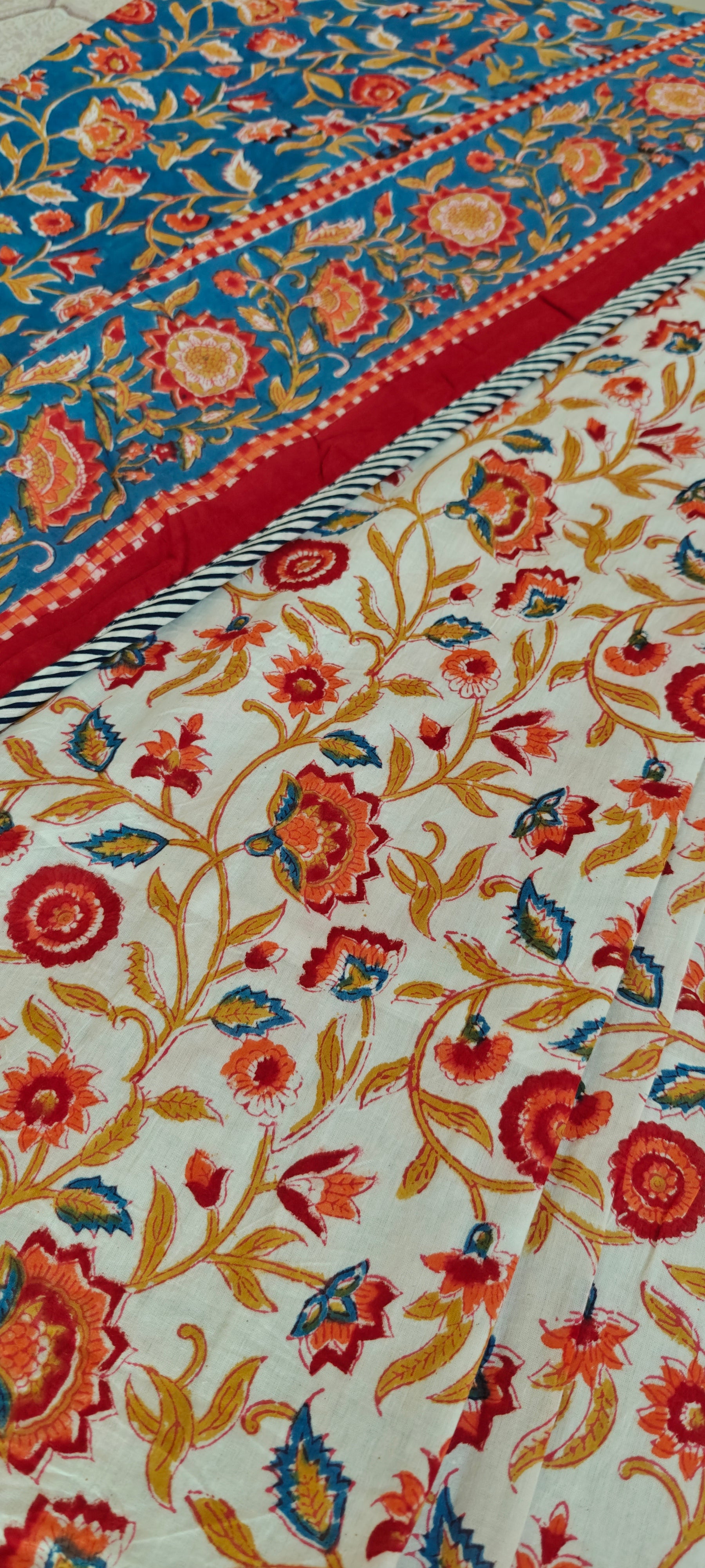 Pink Vine & Mint Green Floral Hand Block Cotton Mulmul Reversible Dohar