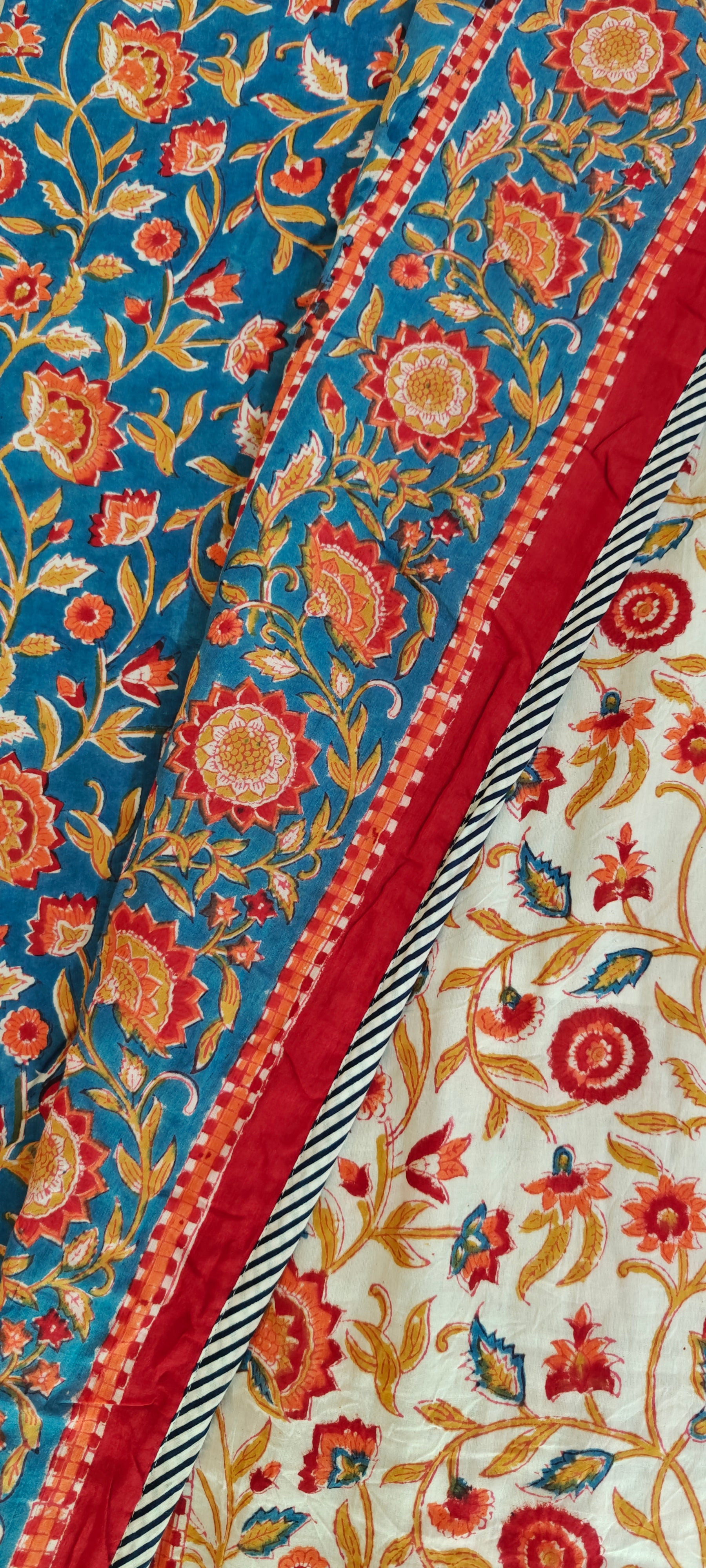 Pink Vine & Mint Green Floral Hand Block Cotton Mulmul Reversible Dohar