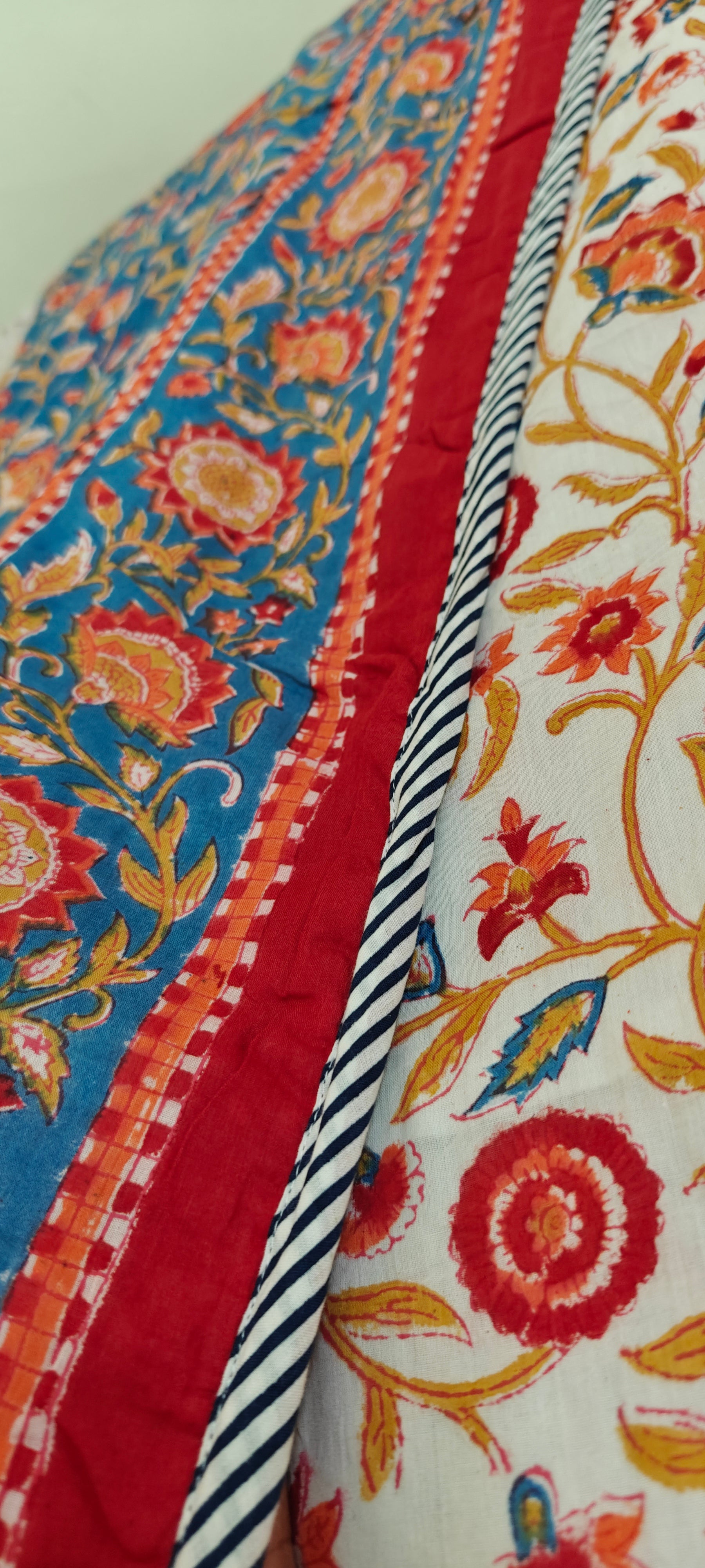 Pink Vine & Mint Green Floral Hand Block Cotton Mulmul Reversible Dohar