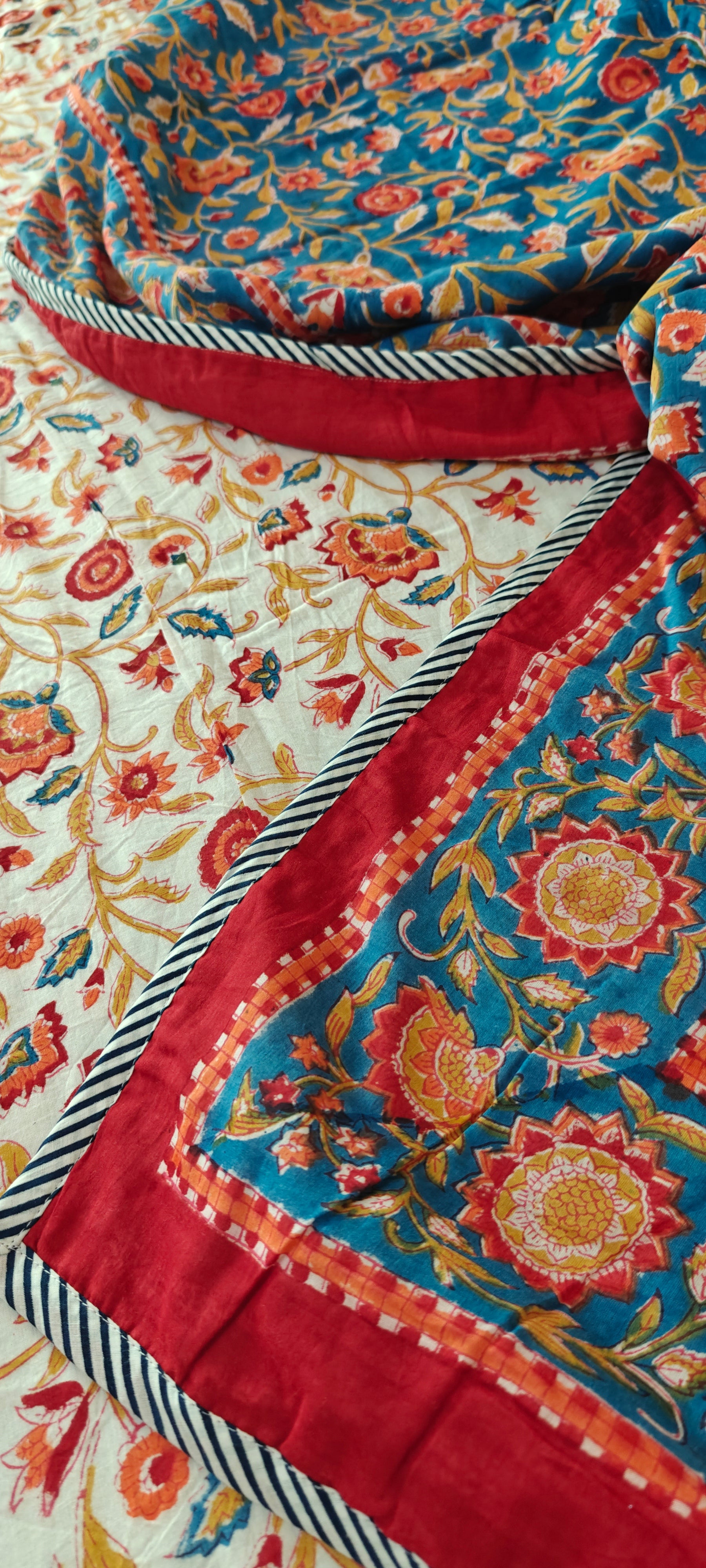 Pink Vine & Mint Green Floral Hand Block Cotton Mulmul Reversible Dohar