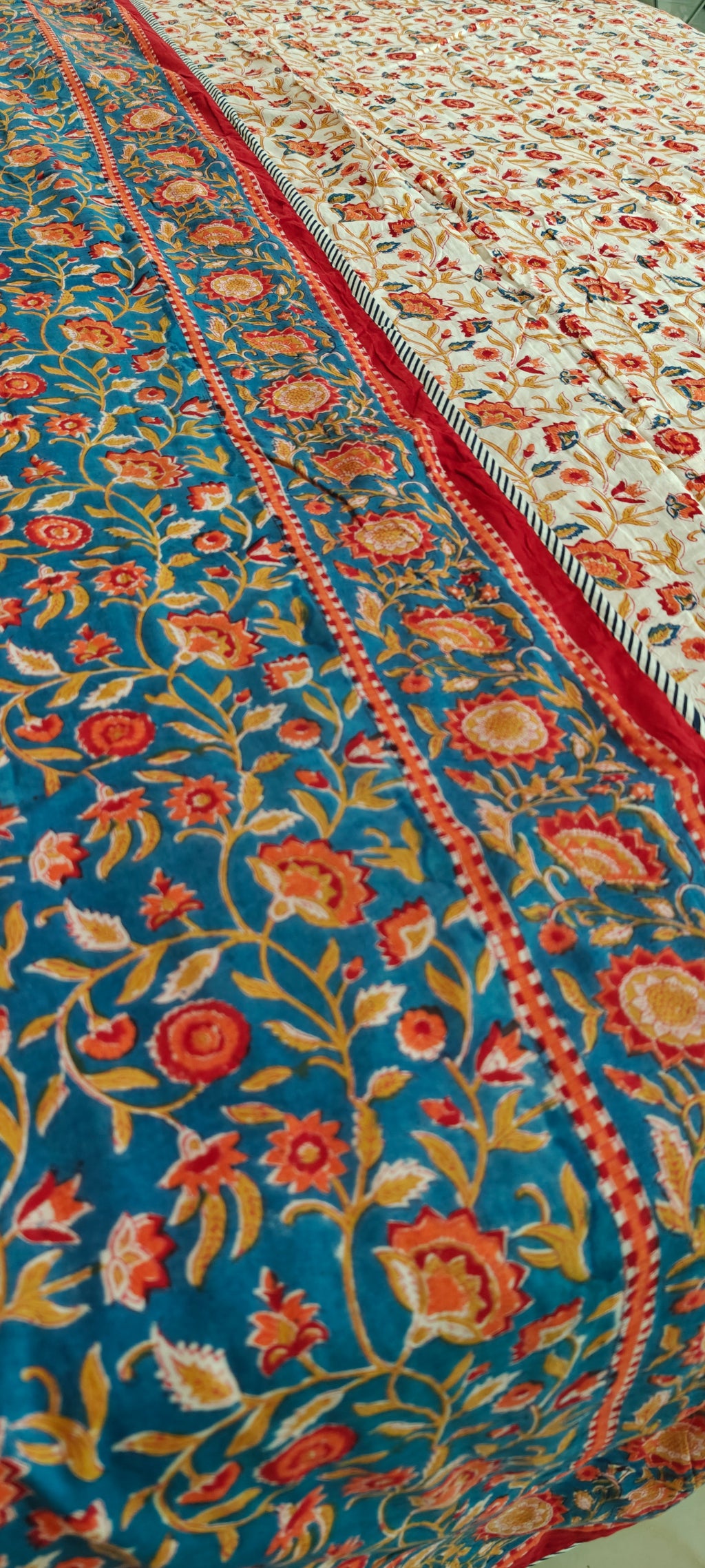 Pink Vine & Mint Green Floral Hand Block Cotton Mulmul Reversible Dohar
