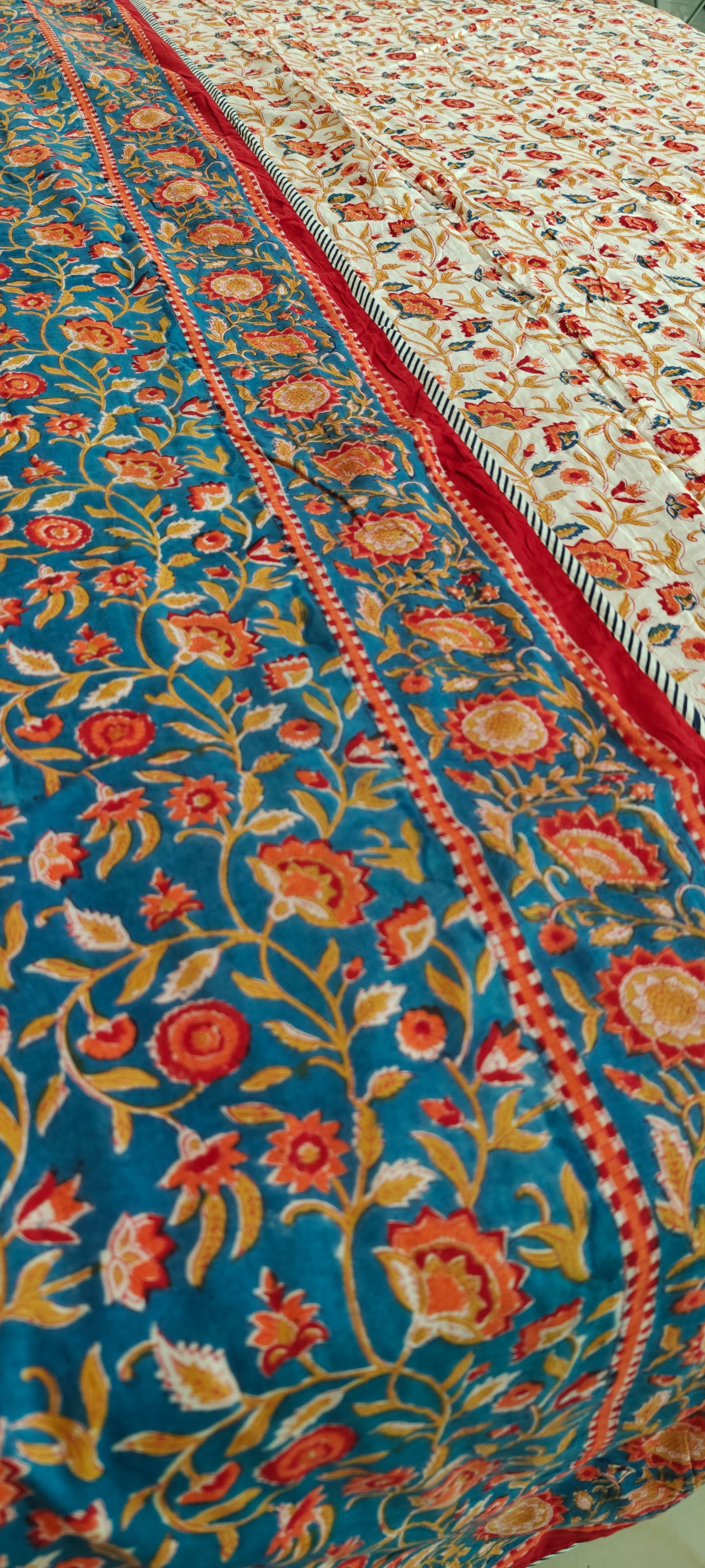 Pink Vine & Mint Green Floral Hand Block Cotton Mulmul Reversible Dohar