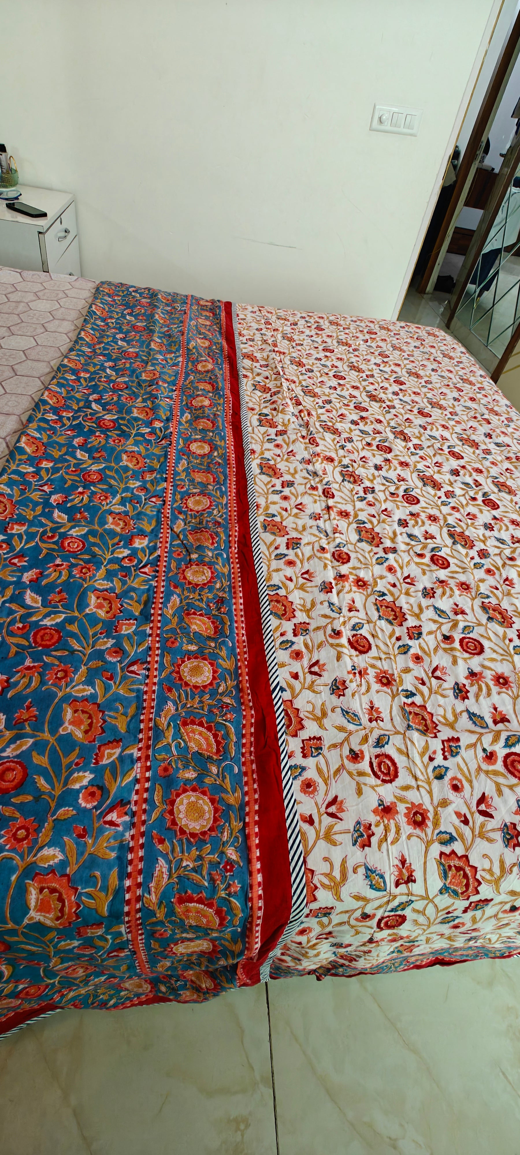 Pink Vine & Mint Green Floral Hand Block Cotton Mulmul Reversible Dohar