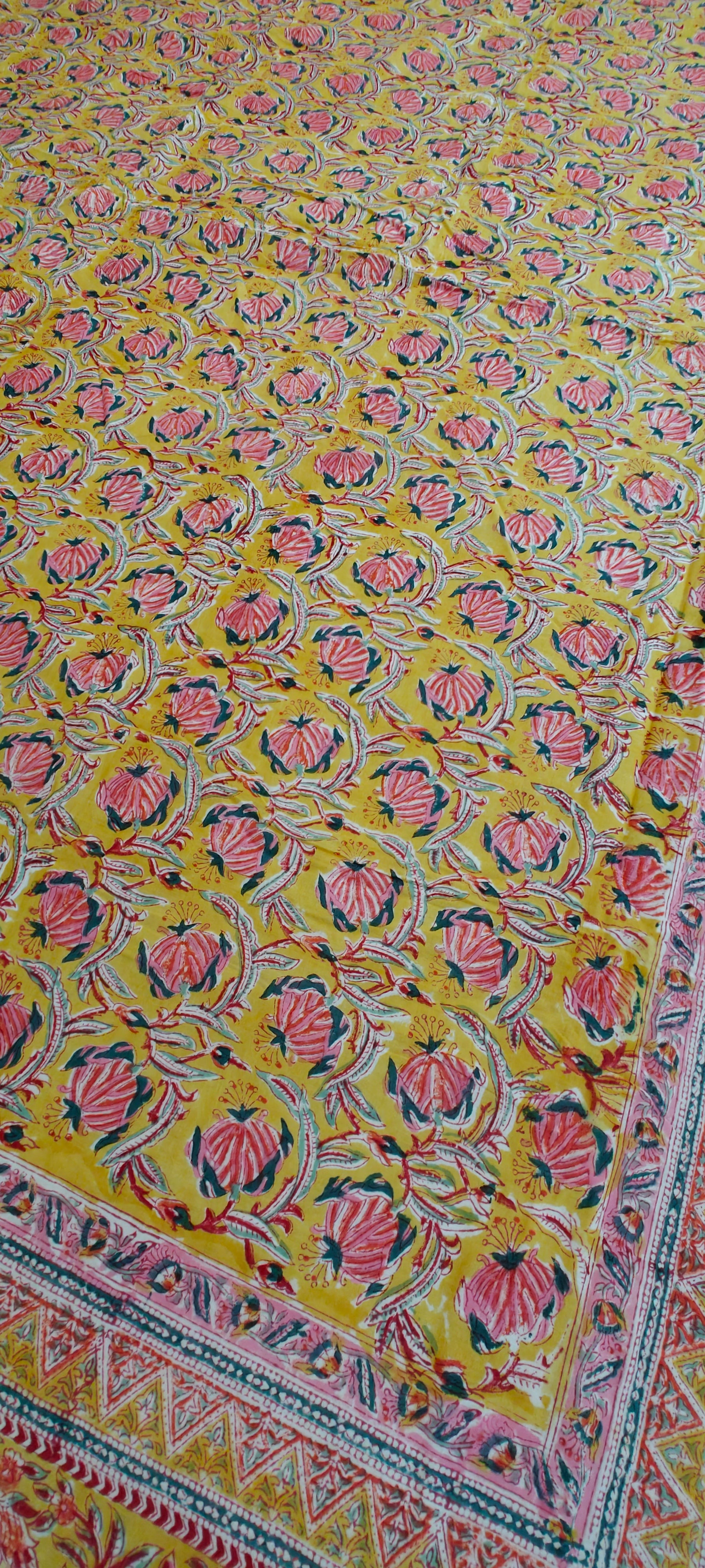 Pink, Yellow, and Blue Accents Hand Block Cotton Mulmul Reversible Dohar Double Bed