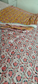 Pink, Yellow, and Blue Accents Hand Block Cotton Mulmul Reversible Dohar Double Bed