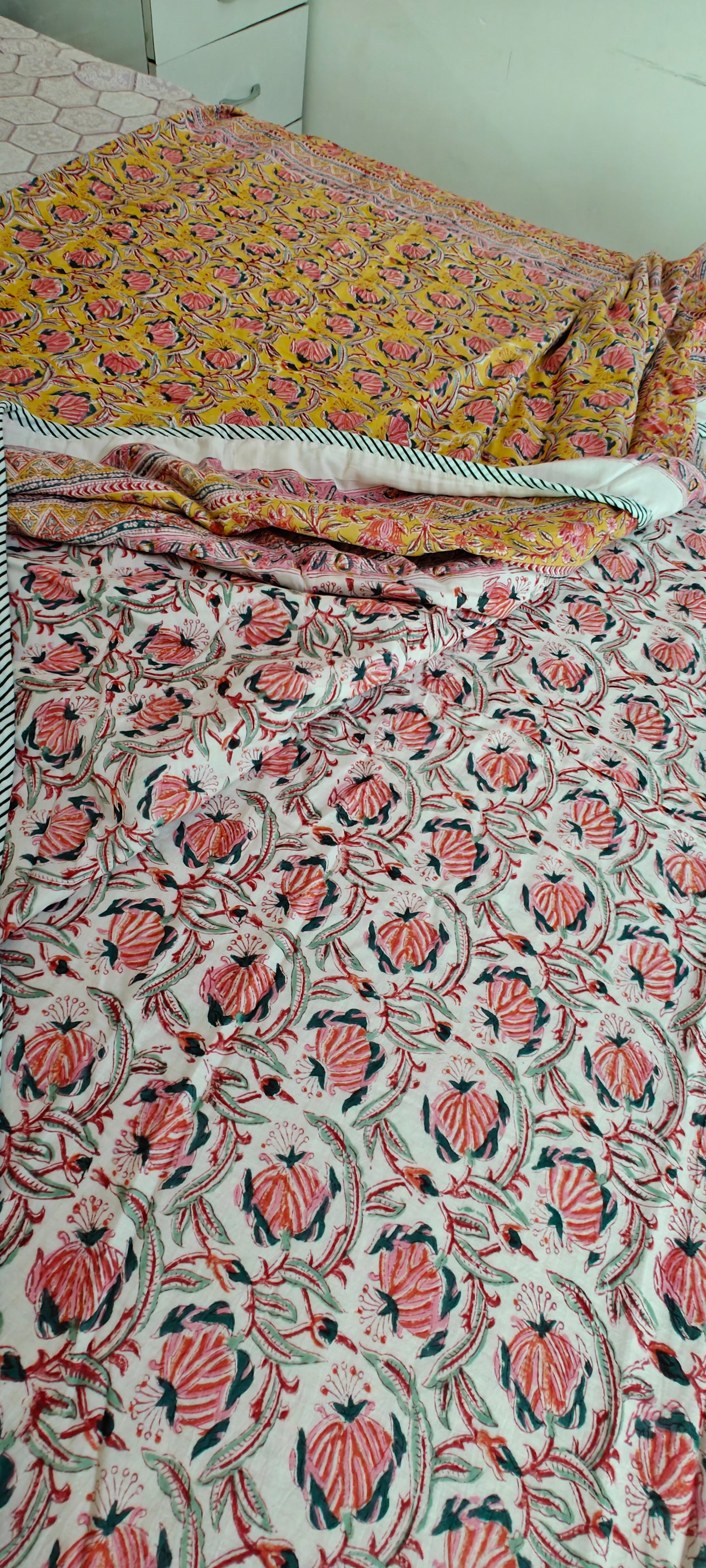 Pink, Yellow, and Blue Accents Hand Block Cotton Mulmul Reversible Dohar Double Bed