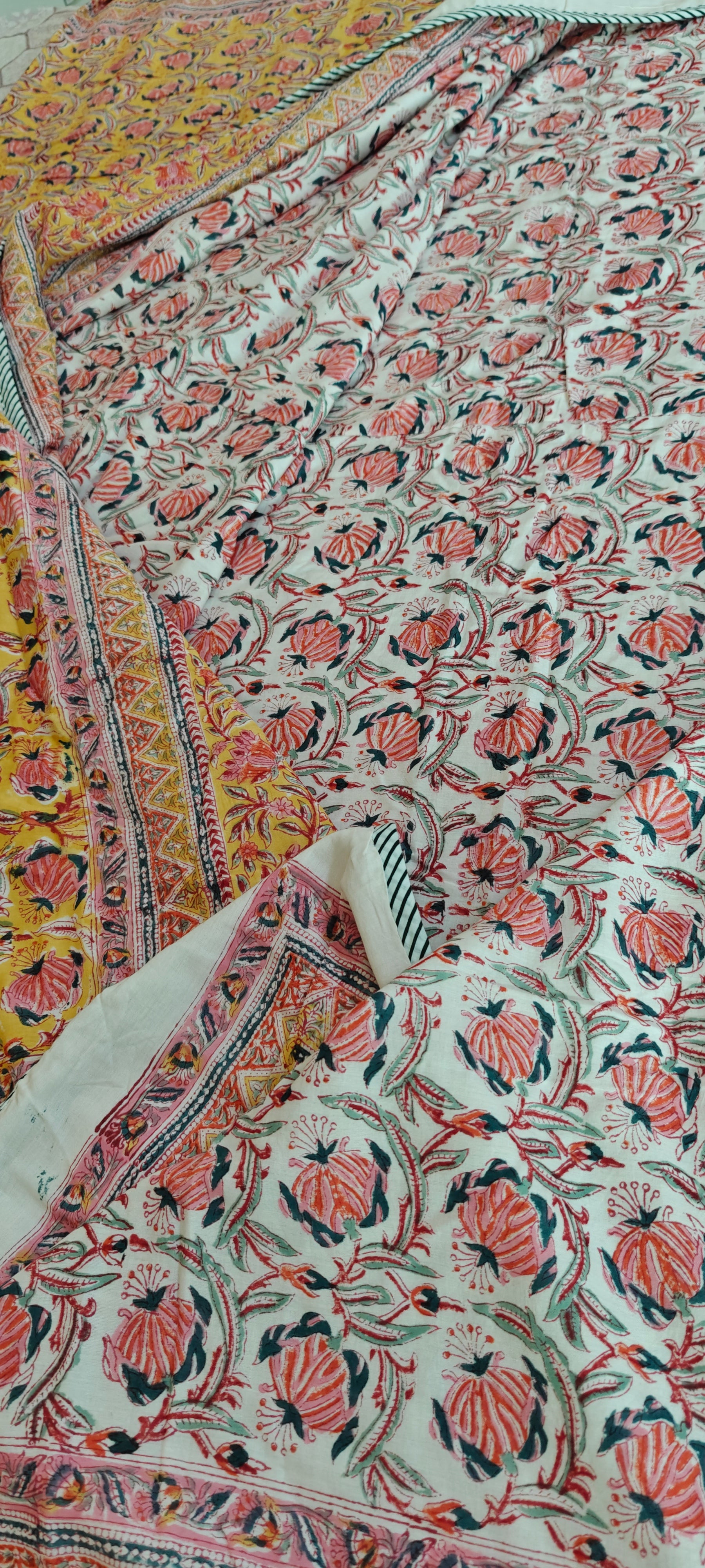 Pink, Yellow, and Blue Accents Hand Block Cotton Mulmul Reversible Dohar Double Bed