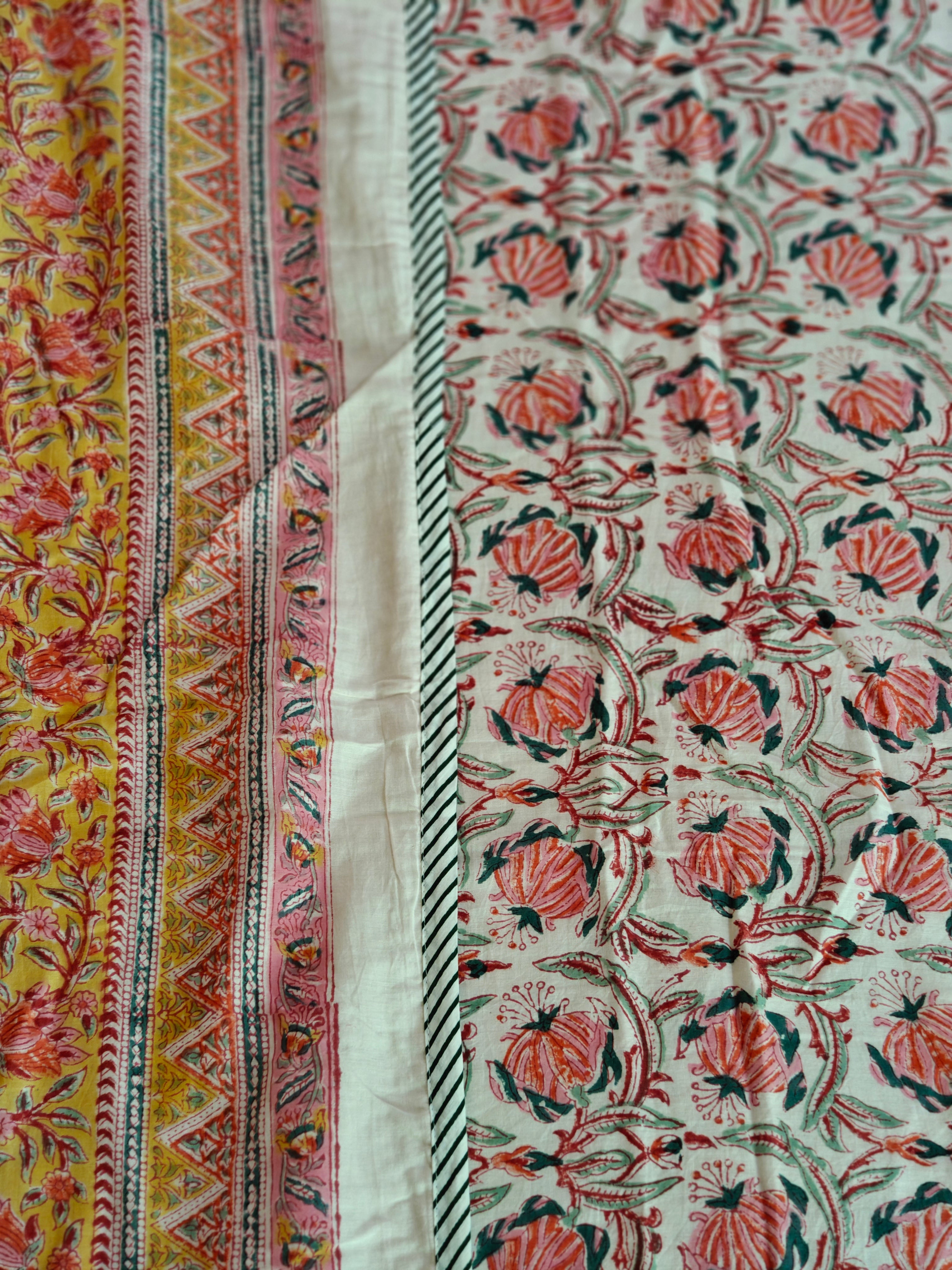 Pink, Yellow, and Blue Accents Hand Block Cotton Mulmul Reversible Dohar Double Bed