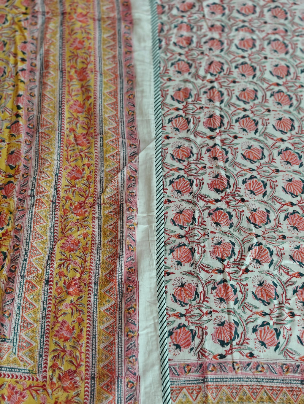 Pink, Yellow, and Blue Accents Hand Block Cotton Mulmul Reversible Dohar Double Bed