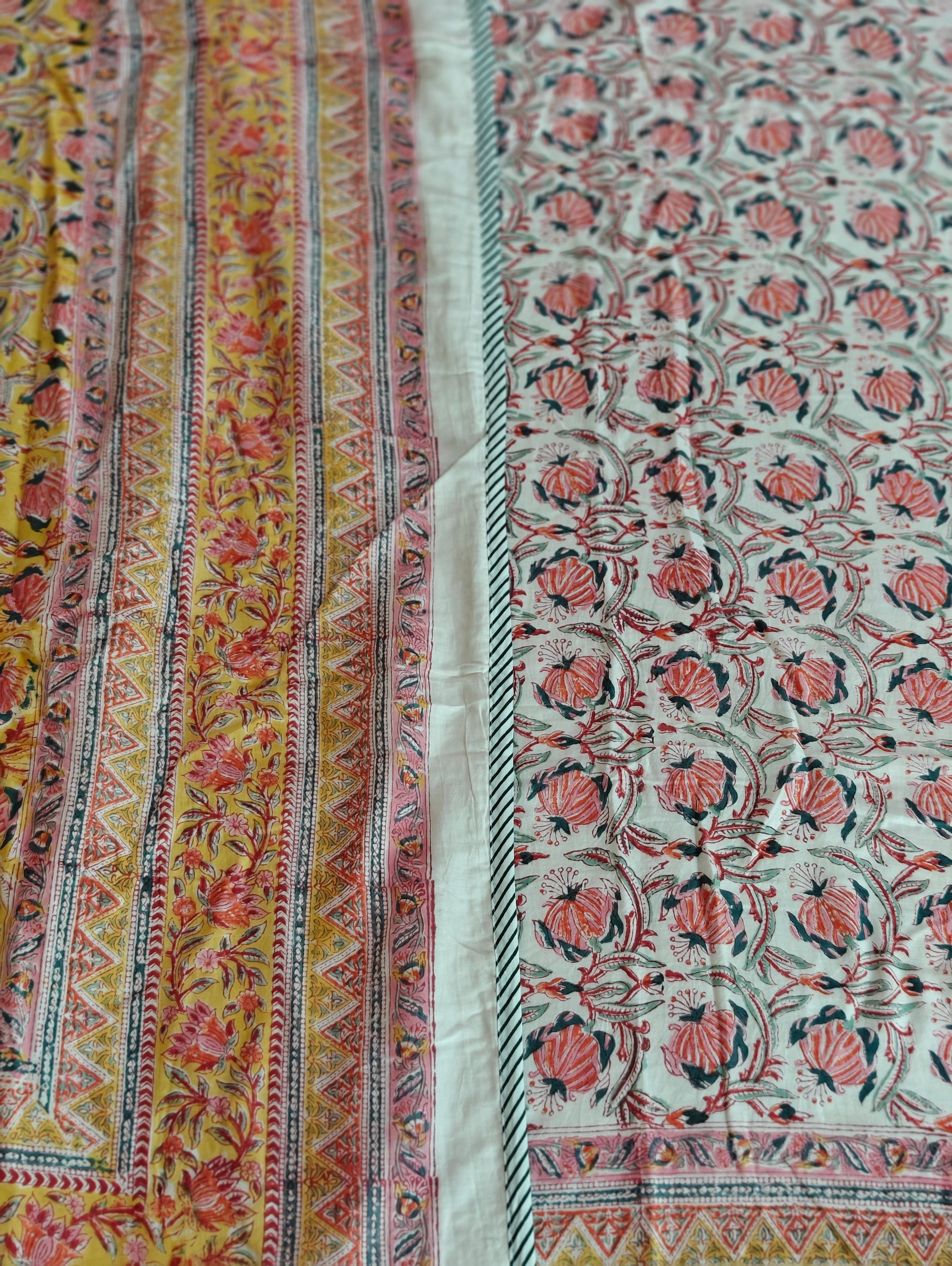 Pink, Yellow, and Blue Accents Hand Block Cotton Mulmul Reversible Dohar Double Bed