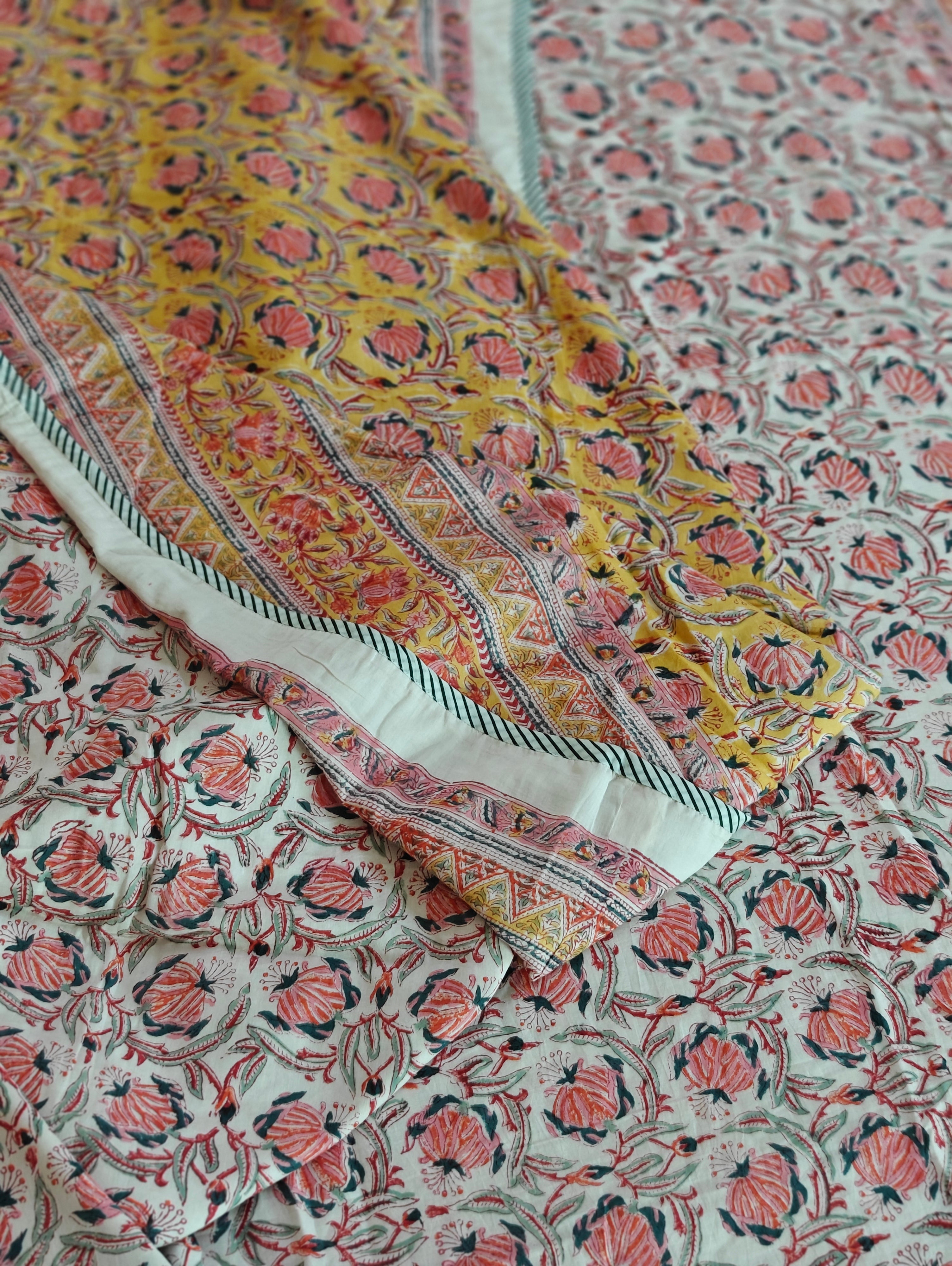 Pink, Yellow, and Blue Accents Hand Block Cotton Mulmul Reversible Dohar Double Bed