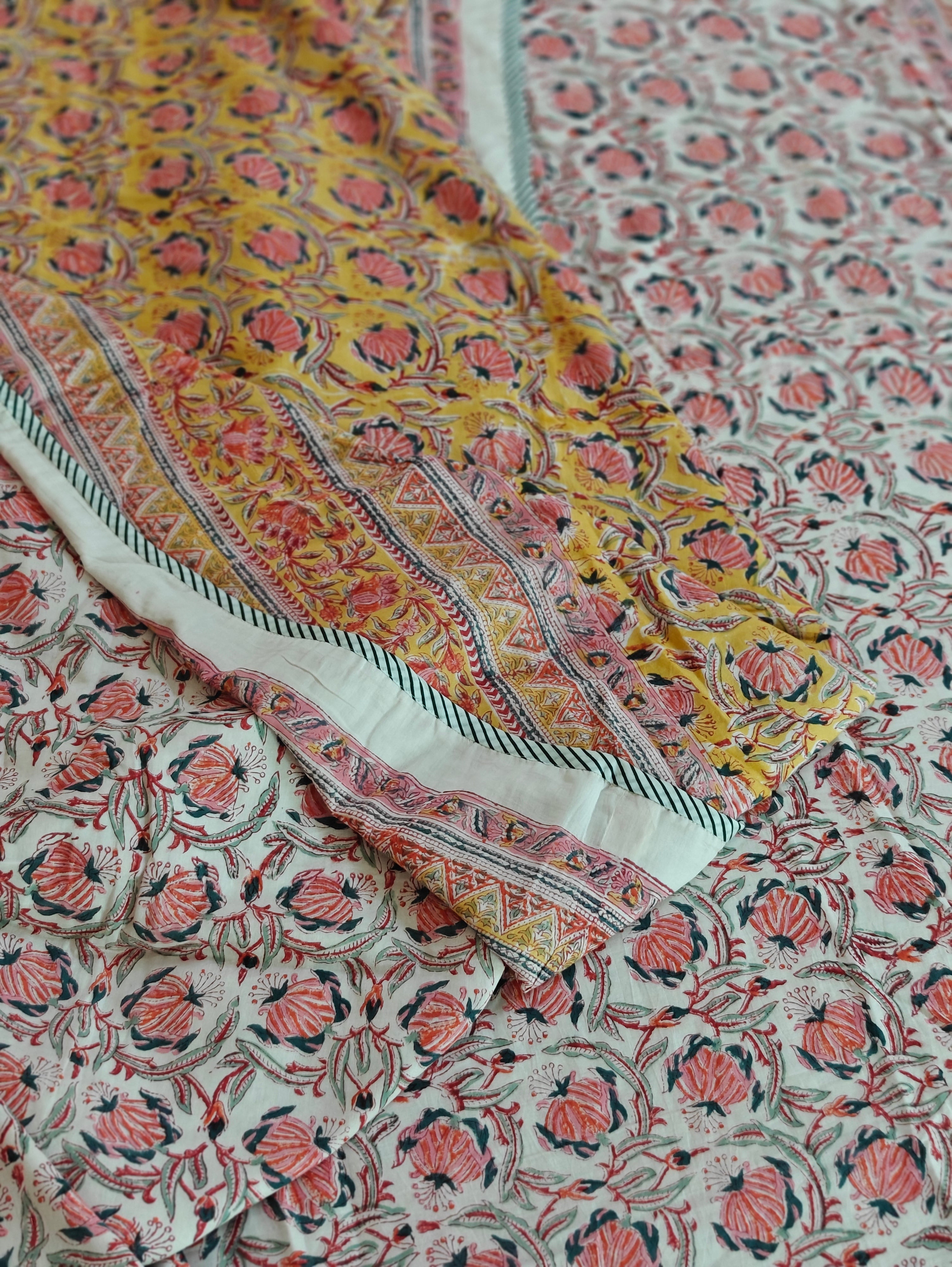 Pink, Yellow, and Blue Accents Hand Block Cotton Mulmul Reversible Dohar Double Bed