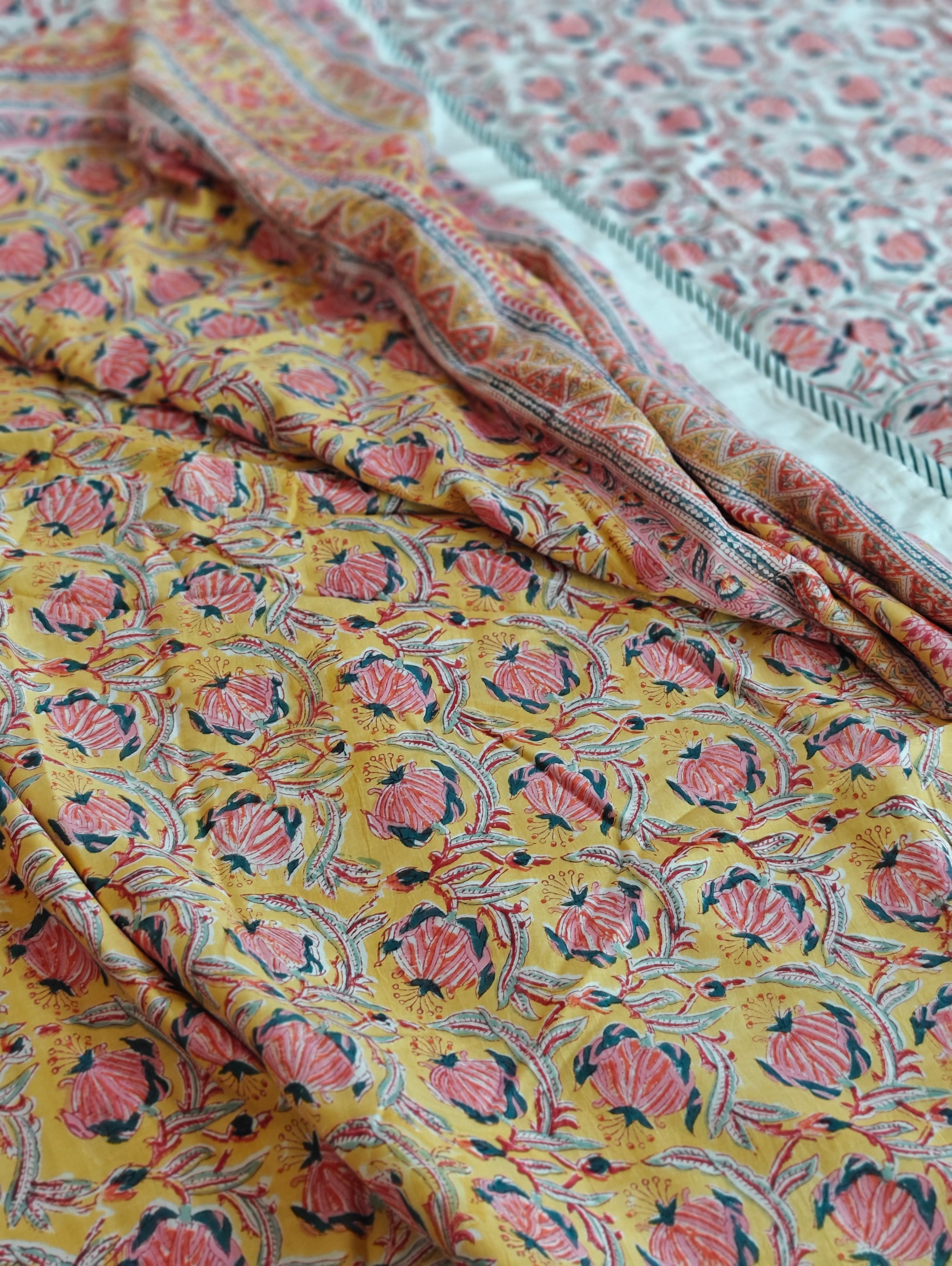 Pink, Yellow, and Blue Accents Hand Block Cotton Mulmul Reversible Dohar Double Bed