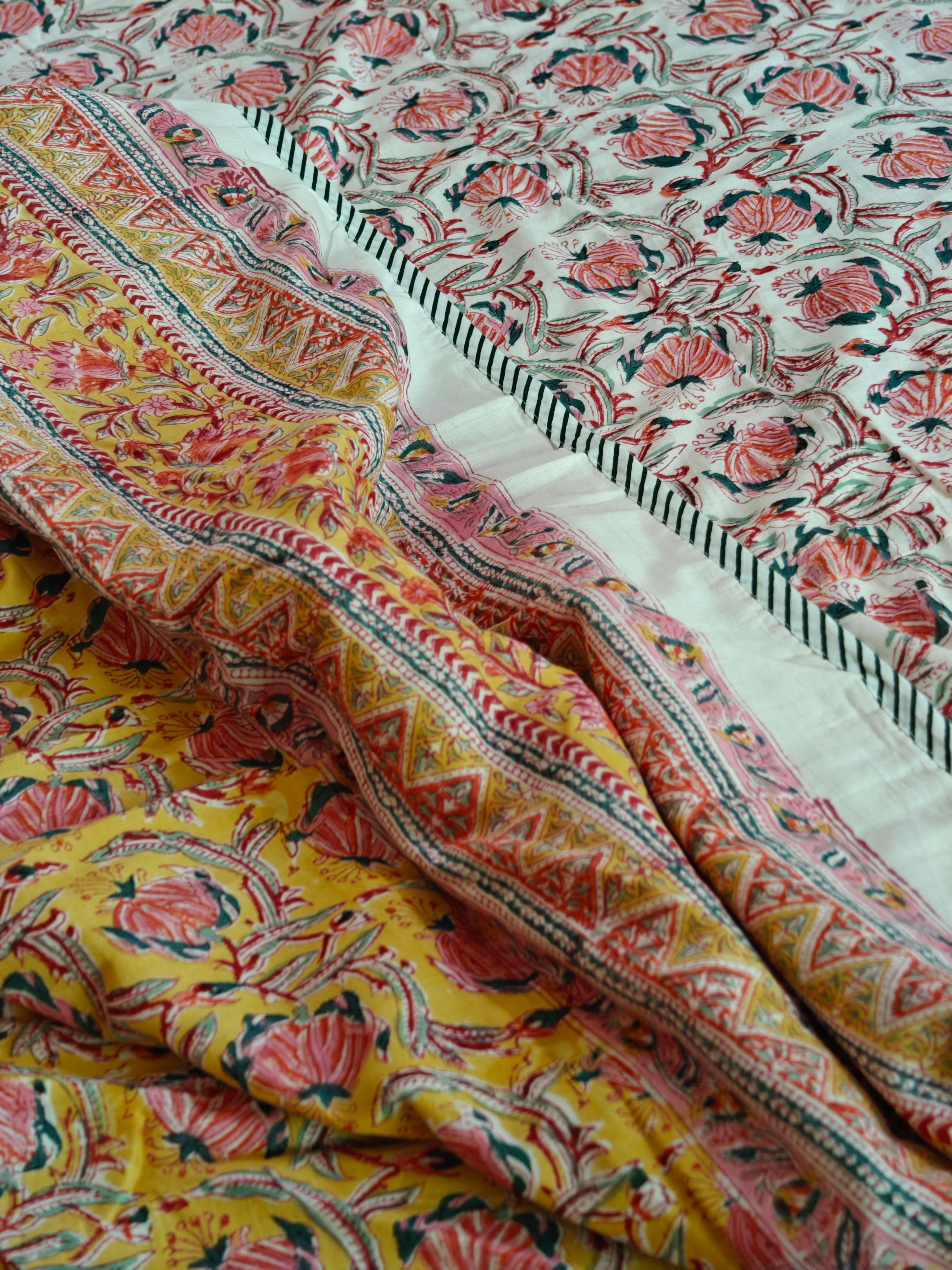Pink, Yellow, and Blue Accents Hand Block Cotton Mulmul Reversible Dohar Double Bed