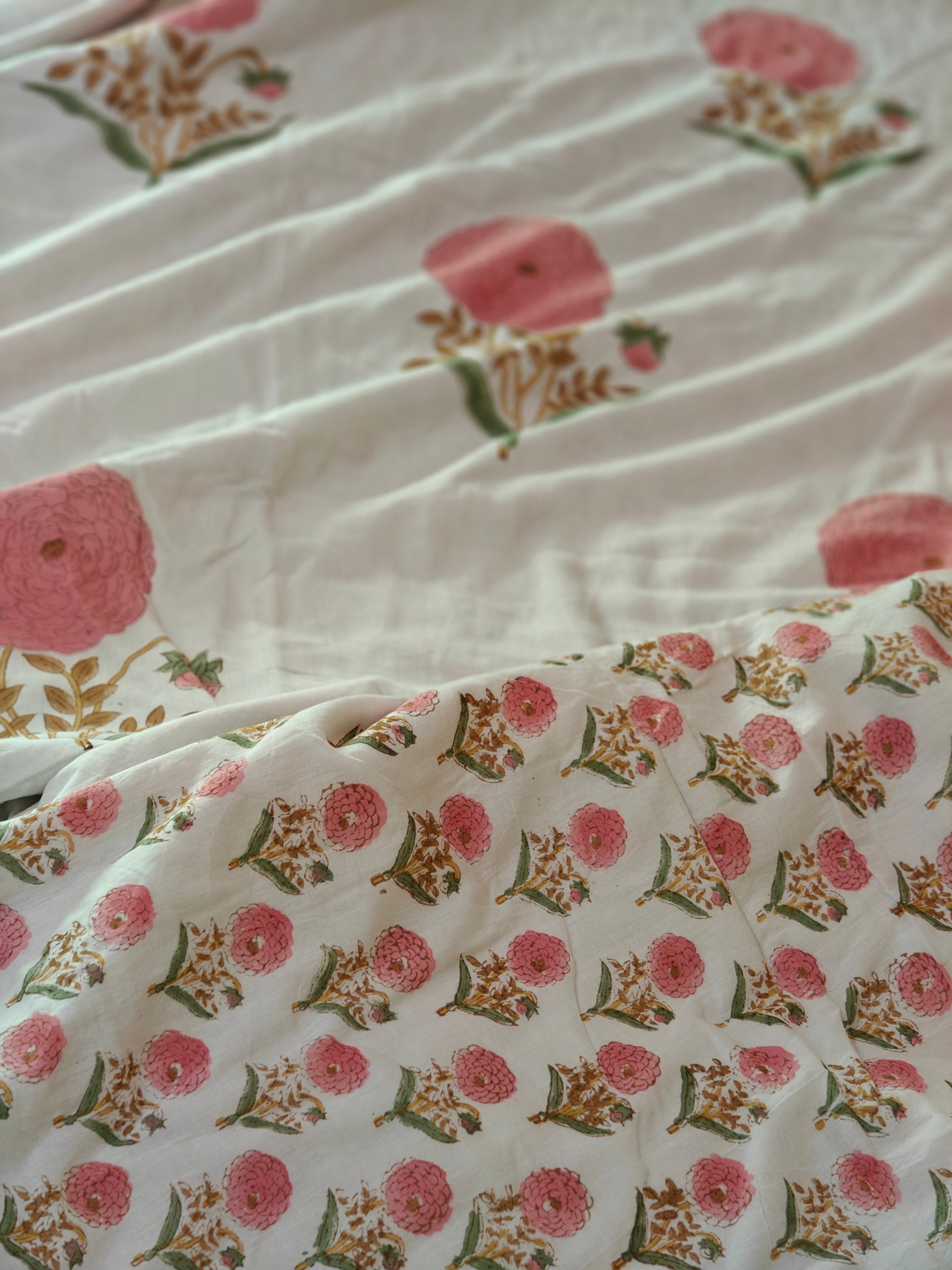 White & Pink Floral Buta Hand Block Cotton Mulmul Reversible Dohar