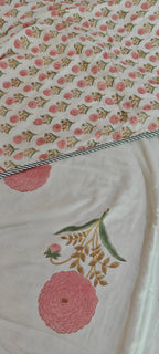 White & Pink Floral Buta Hand Block Cotton Mulmul Reversible Dohar