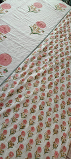 White & Pink Floral Buta Hand Block Cotton Mulmul Reversible Dohar